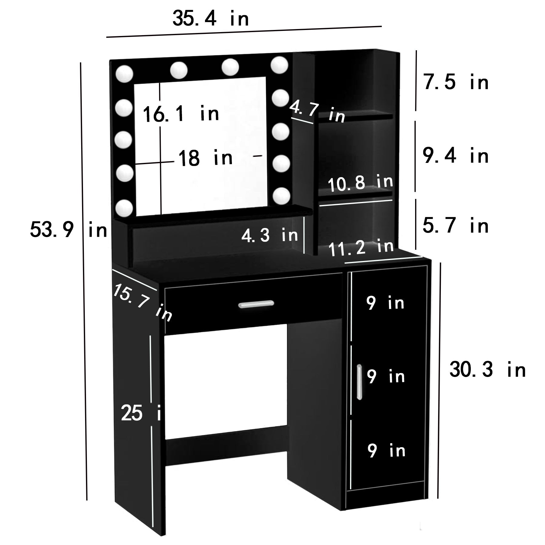 Vanity Desk with Mirror & Lights (Black)-American Furniture Outlet