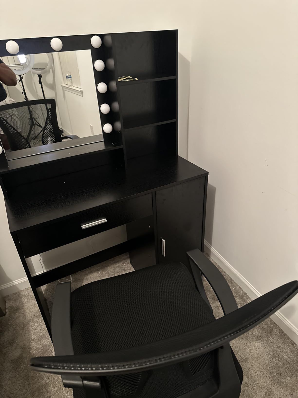 Vanity Desk with Mirror & Lights (Black)-American Furniture Outlet