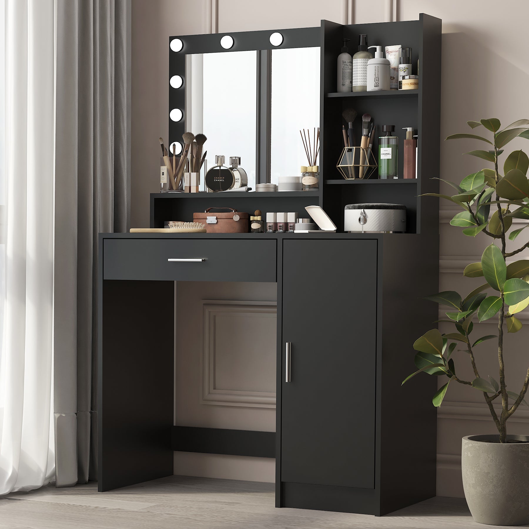 Vanity Desk with Mirror & Lights (Black)-American Furniture Outlet