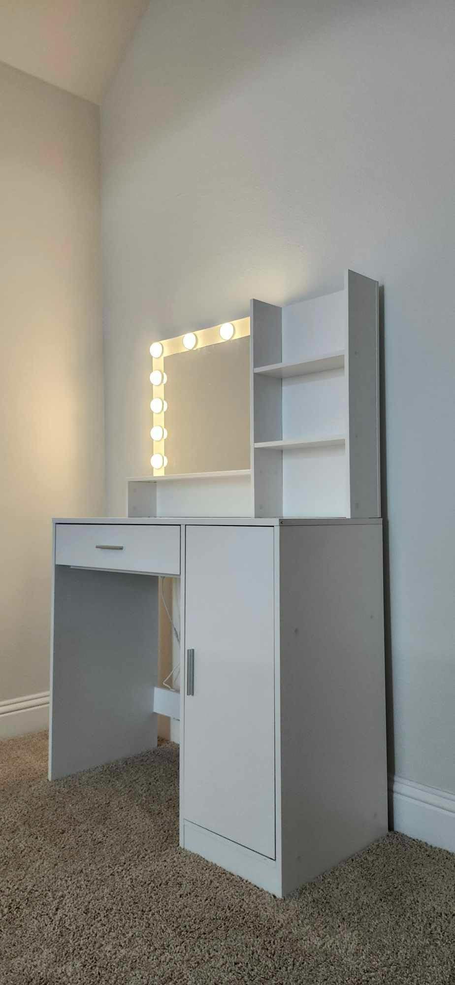 Vanity Desk with Mirror & Lights (White)-American Furniture Outlet