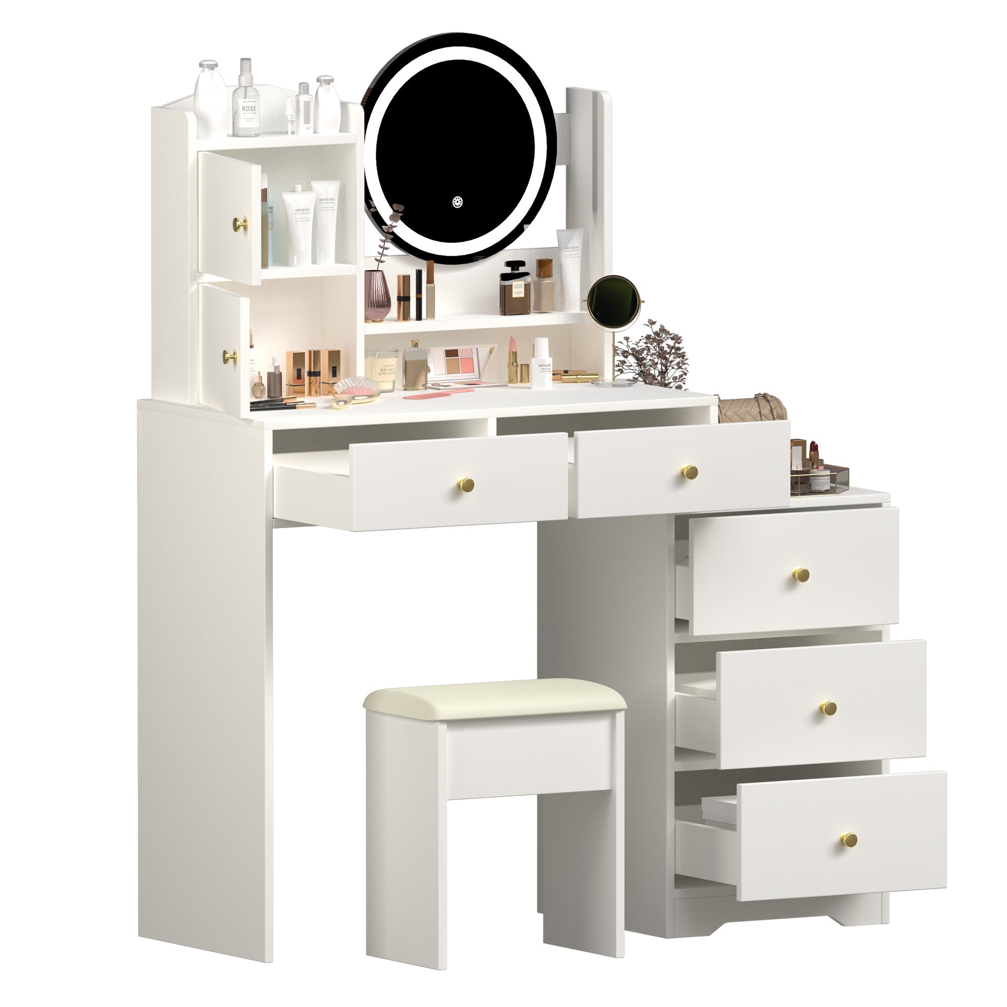 Vanity Desk with Mirror & Lights - White-American Furniture Outlet