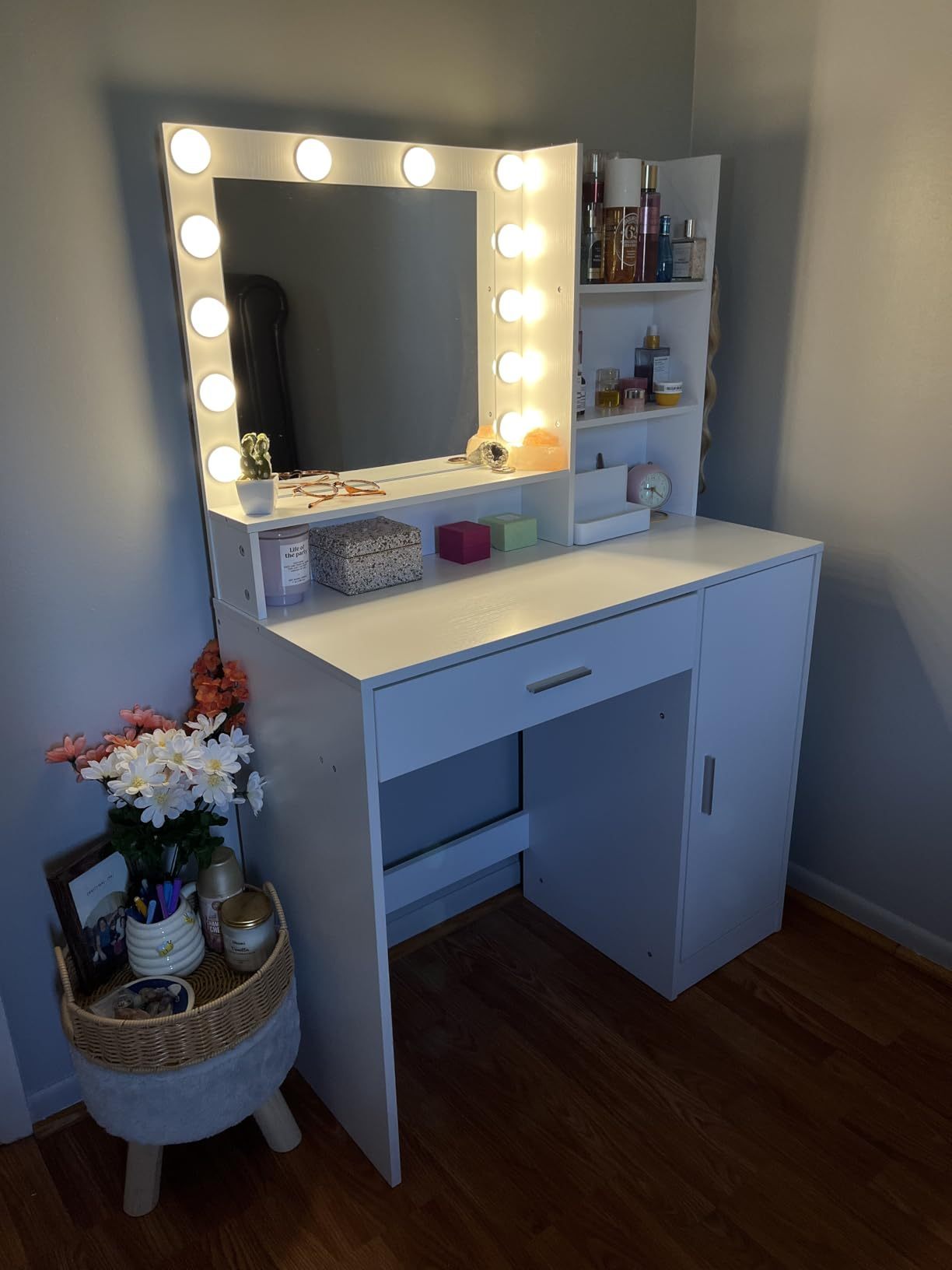 Vanity Desk with Mirror & Lights (White)-American Furniture Outlet