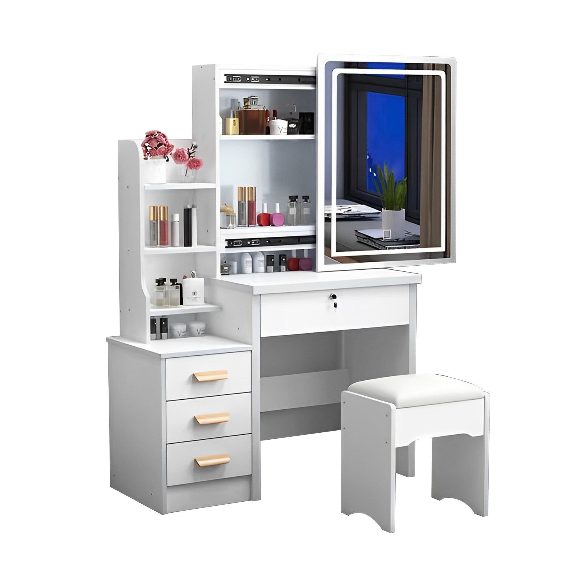 Vanity Desk with Mirror & Lights - White-American Furniture Outlet