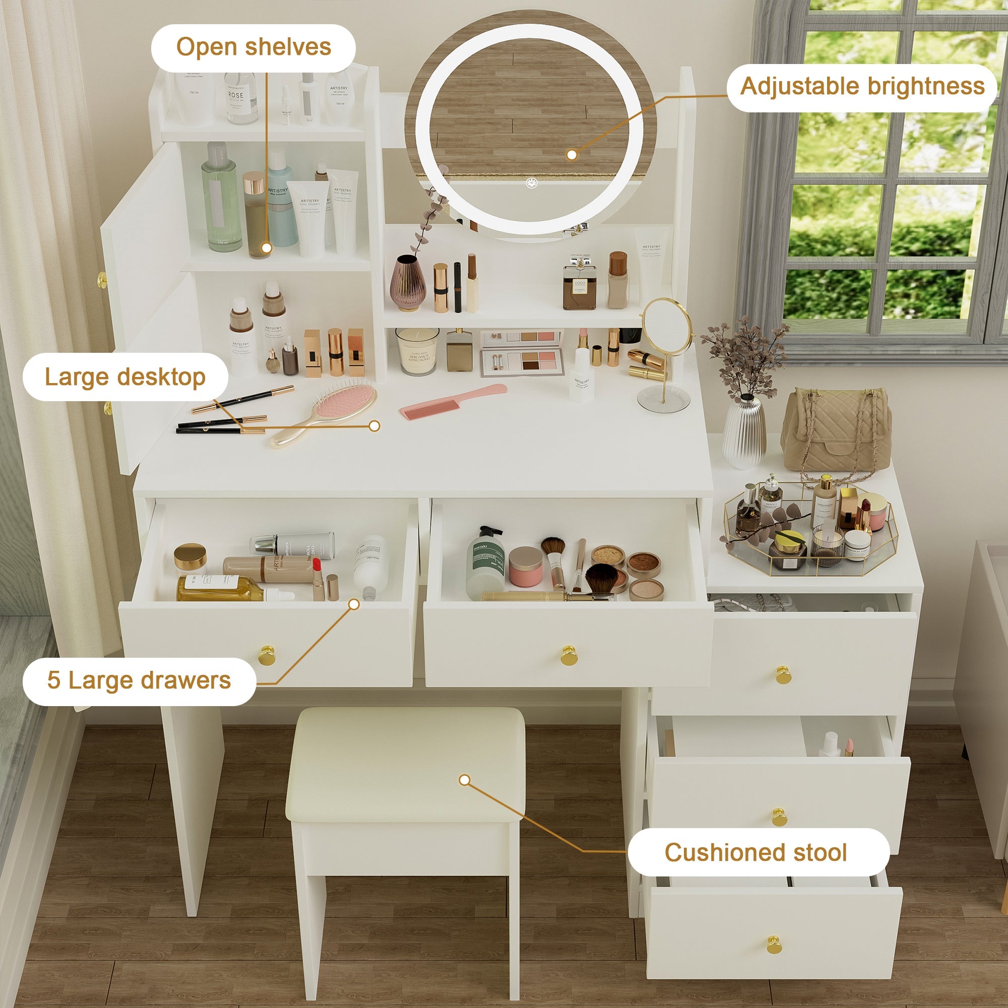 Vanity Desk with Mirror & Lights - White-American Furniture Outlet