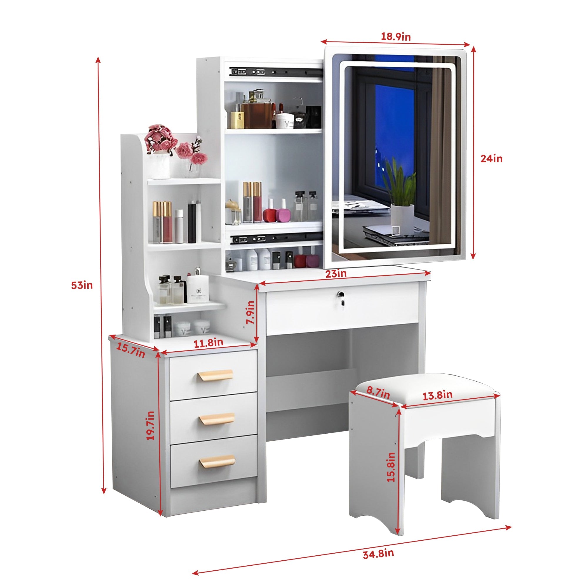 Vanity Desk with Mirror & Lights - White-American Furniture Outlet