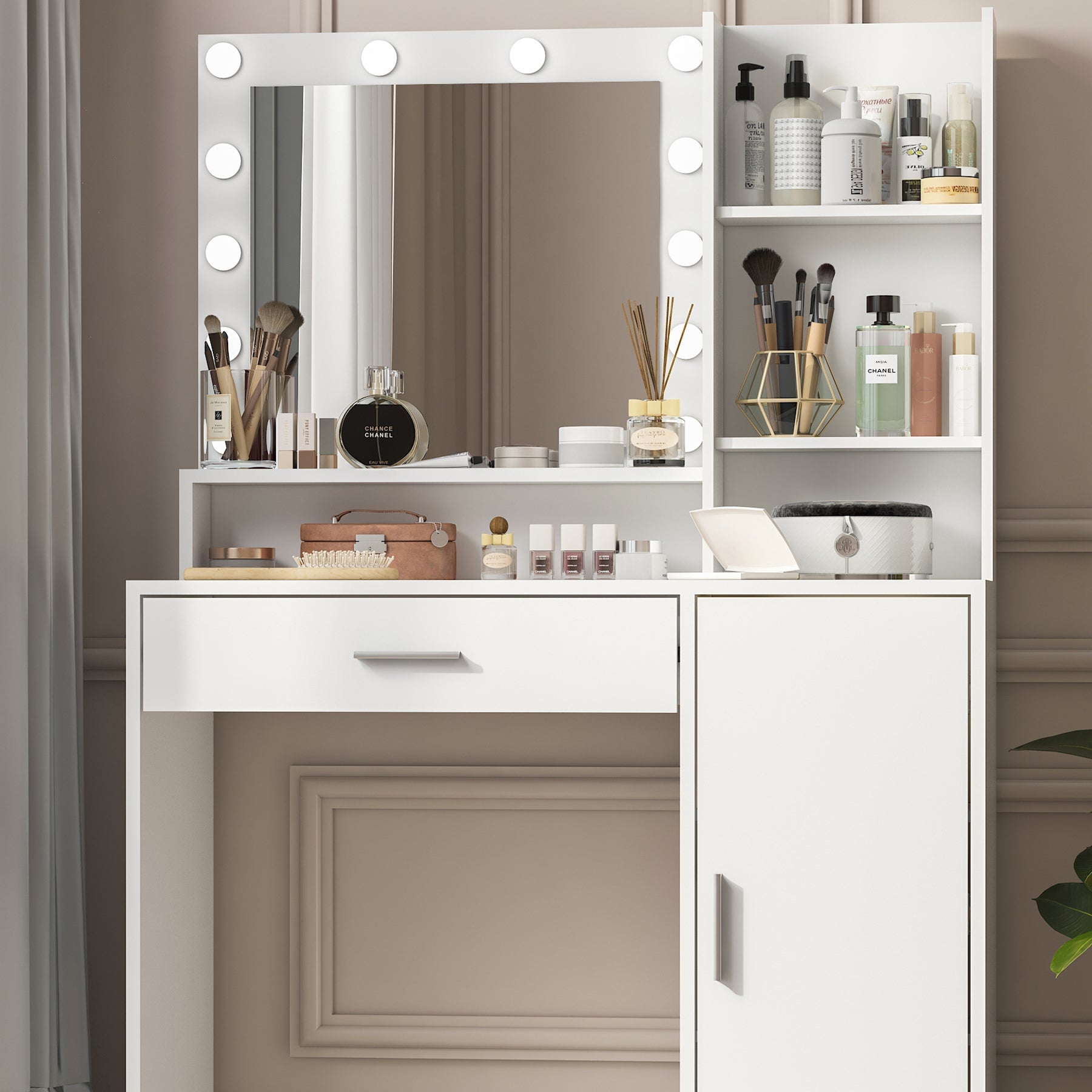 Vanity Desk with Mirror & Lights (White)-American Furniture Outlet