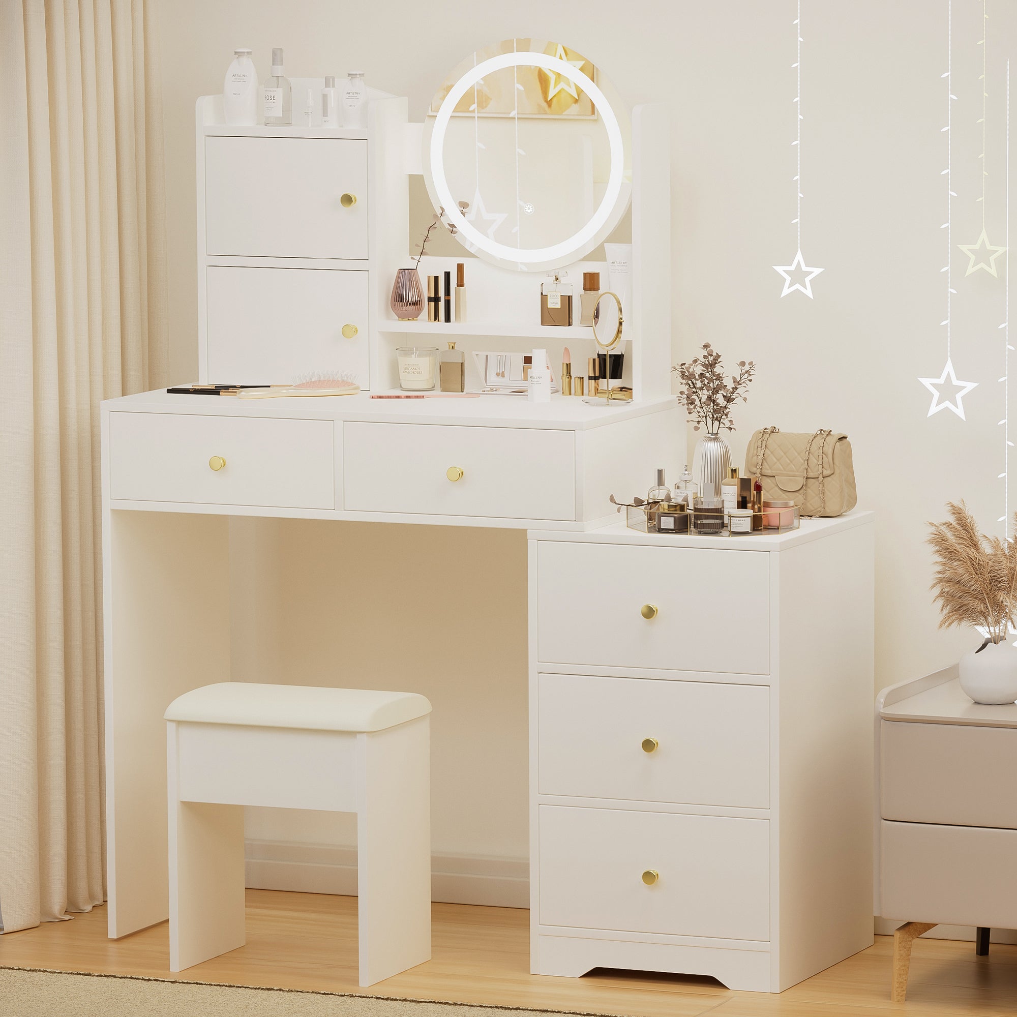 Vanity Desk with Mirror & Lights - White-American Furniture Outlet