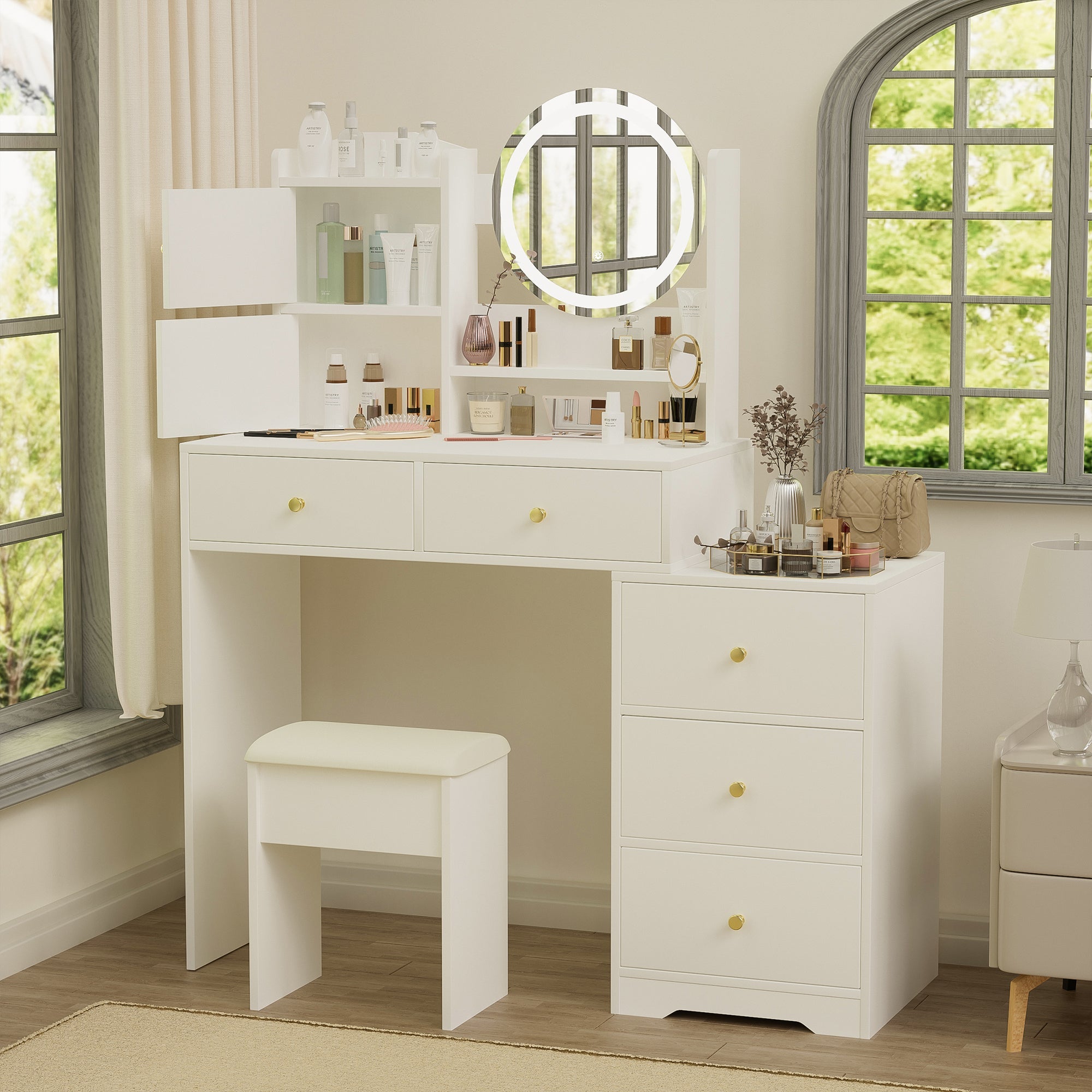 Vanity Desk with Mirror & Lights - White-American Furniture Outlet