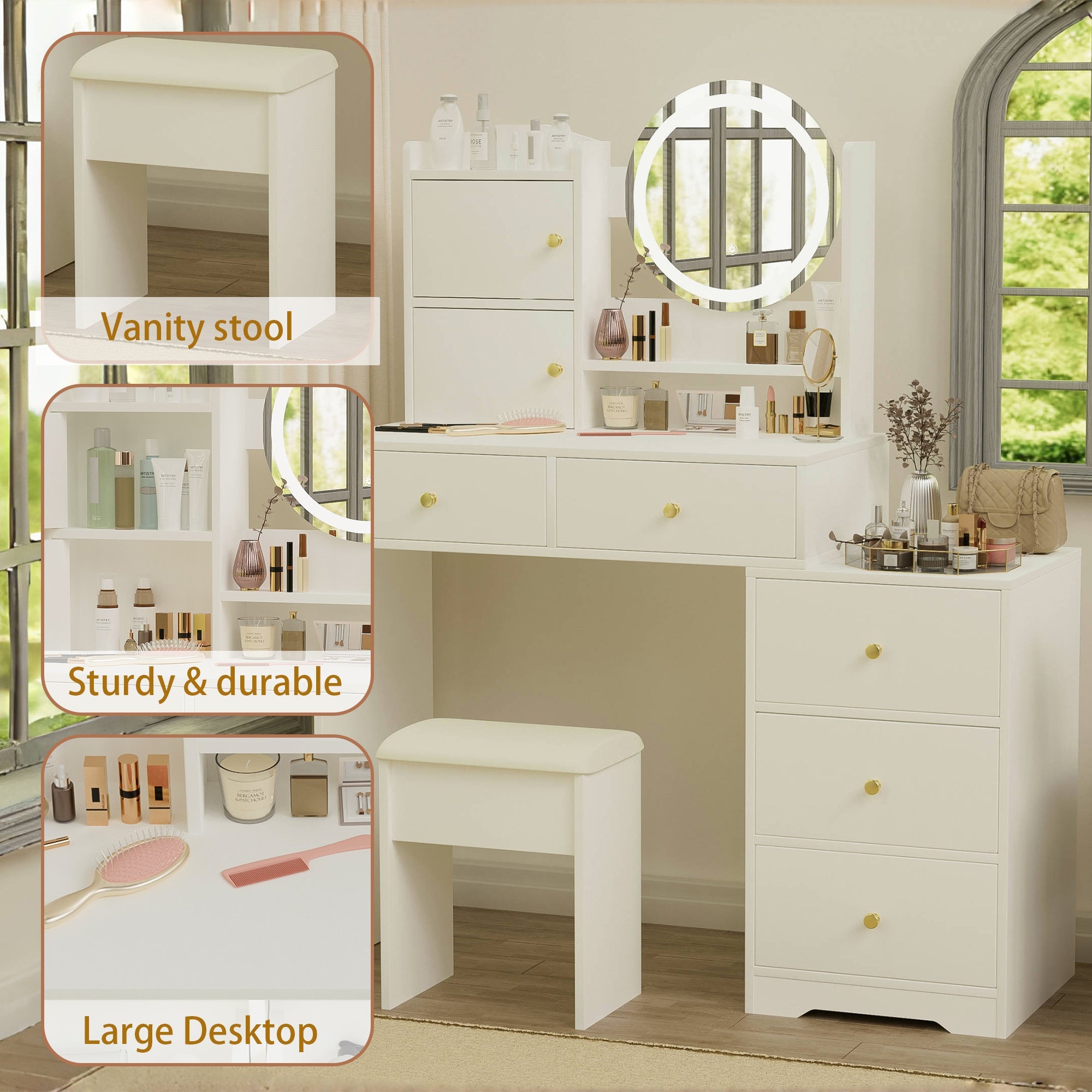 Vanity Desk with Mirror & Lights - White-American Furniture Outlet