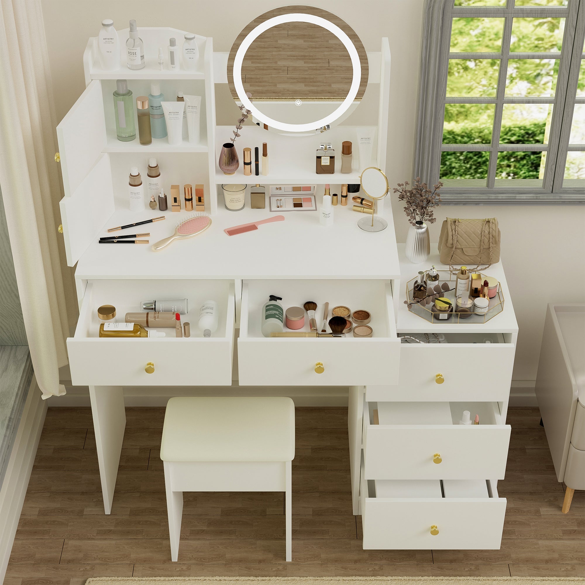 Vanity Desk with Mirror & Lights - White-American Furniture Outlet