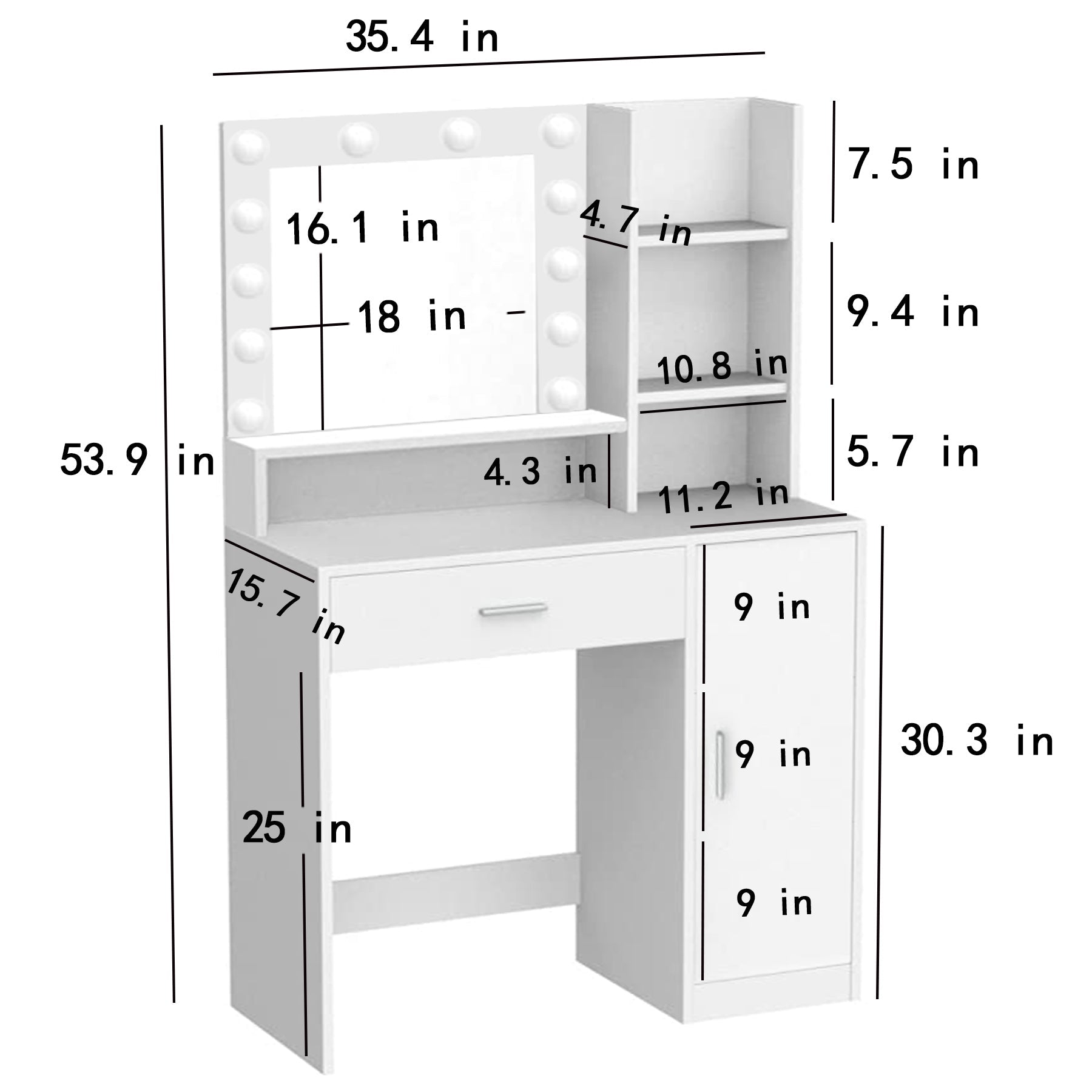 Vanity Desk with Mirror & Lights (White)-American Furniture Outlet