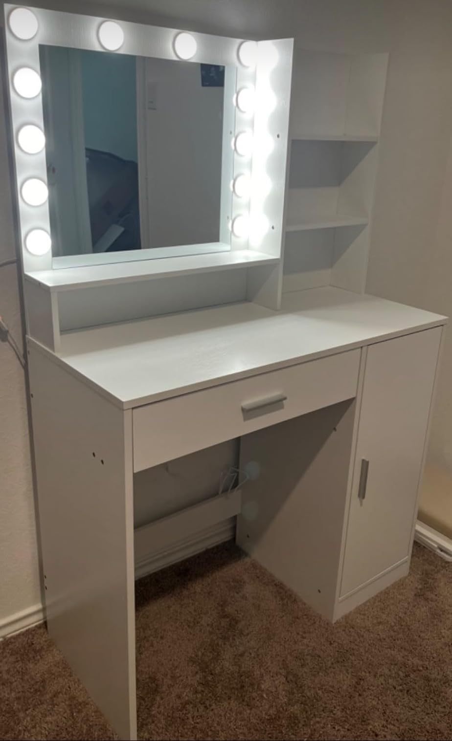 Vanity Desk with Mirror & Lights (White)-American Furniture Outlet