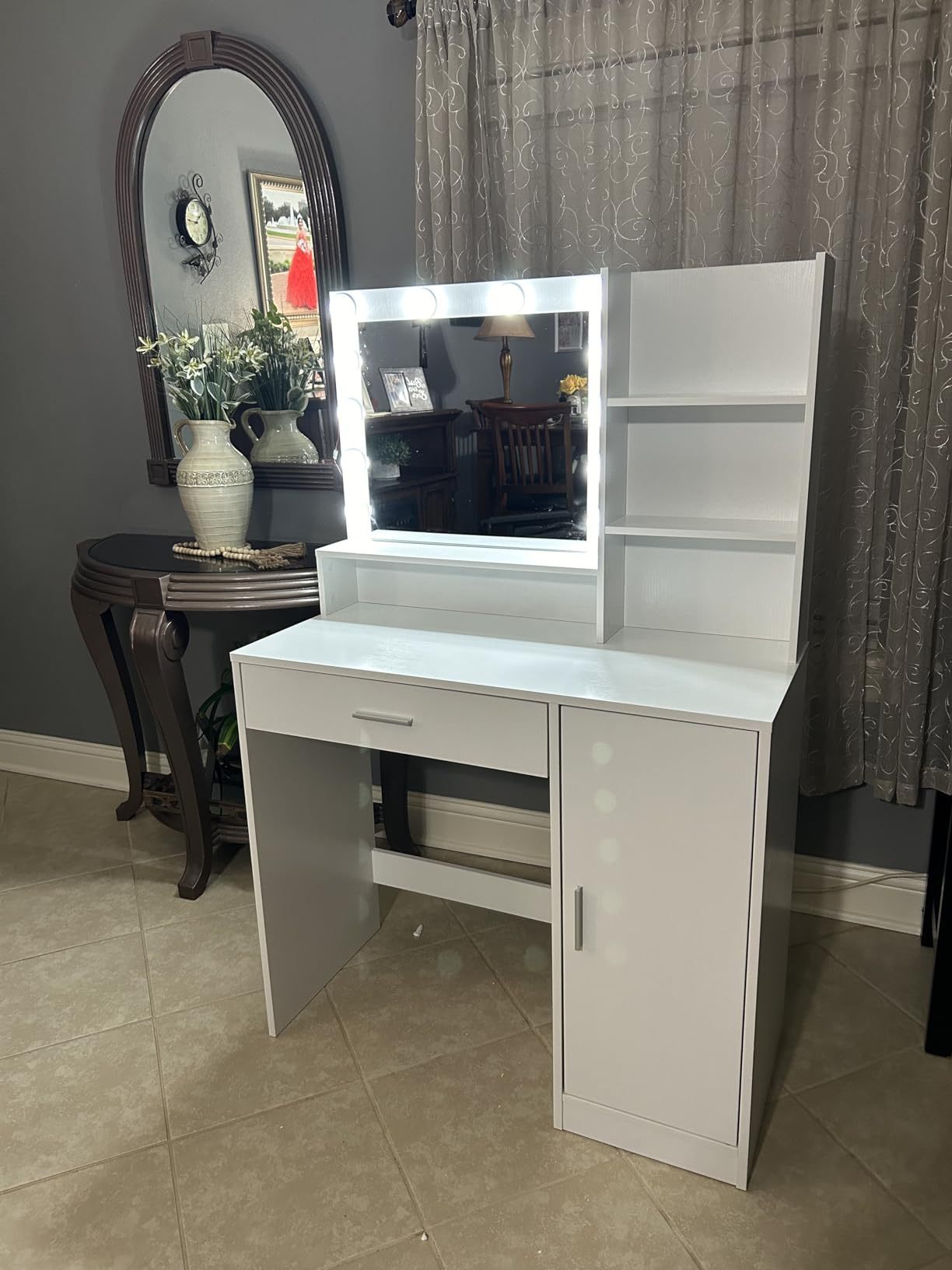 Vanity Desk with Mirror & Lights (White)-American Furniture Outlet