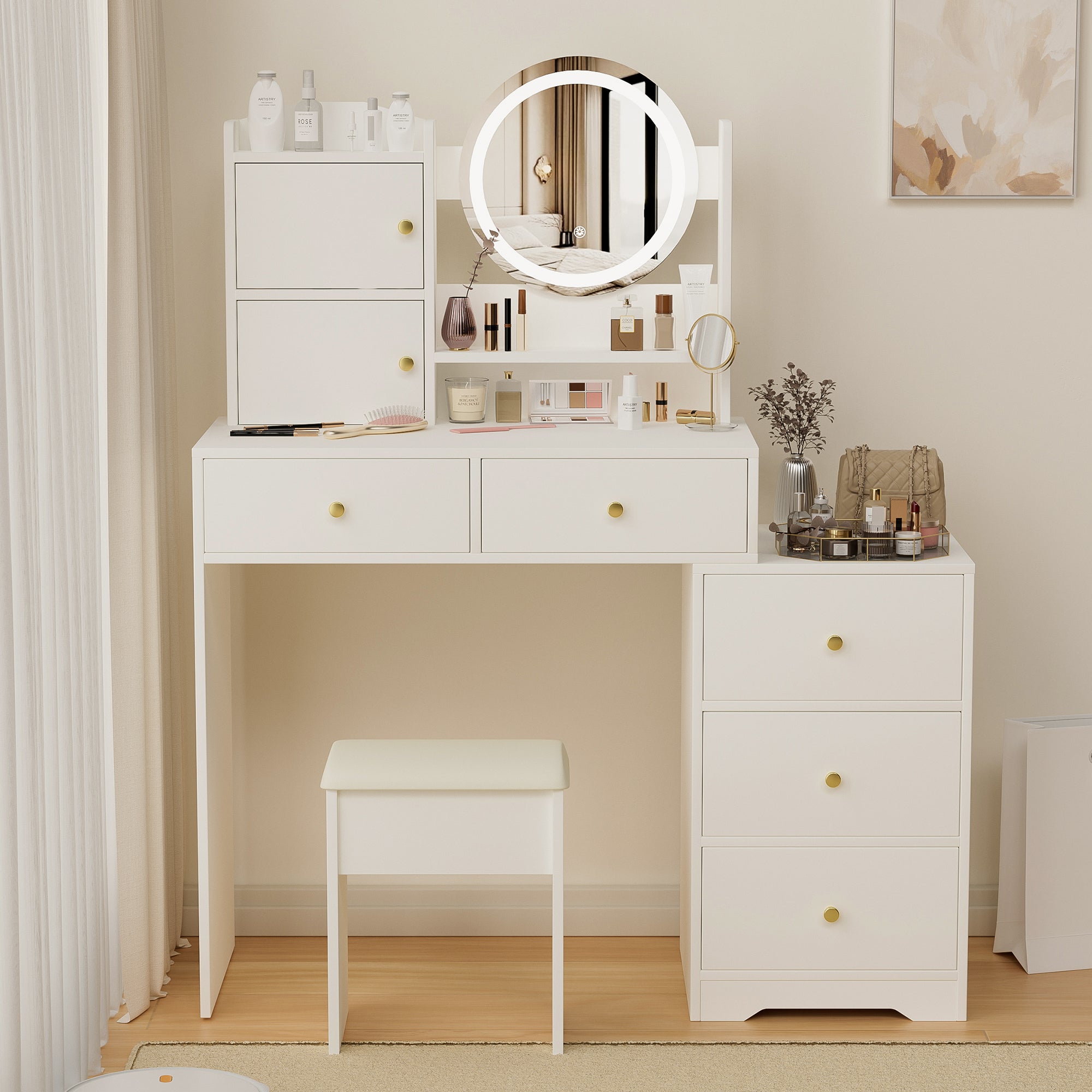 Vanity Desk with Mirror & Lights - White-American Furniture Outlet