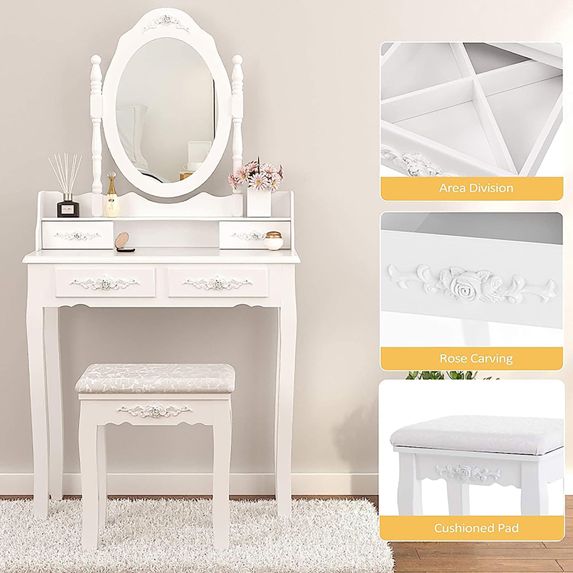 Vanity Table Set w/ 4 Drawers & Oval Mirror-American Furniture Outlet