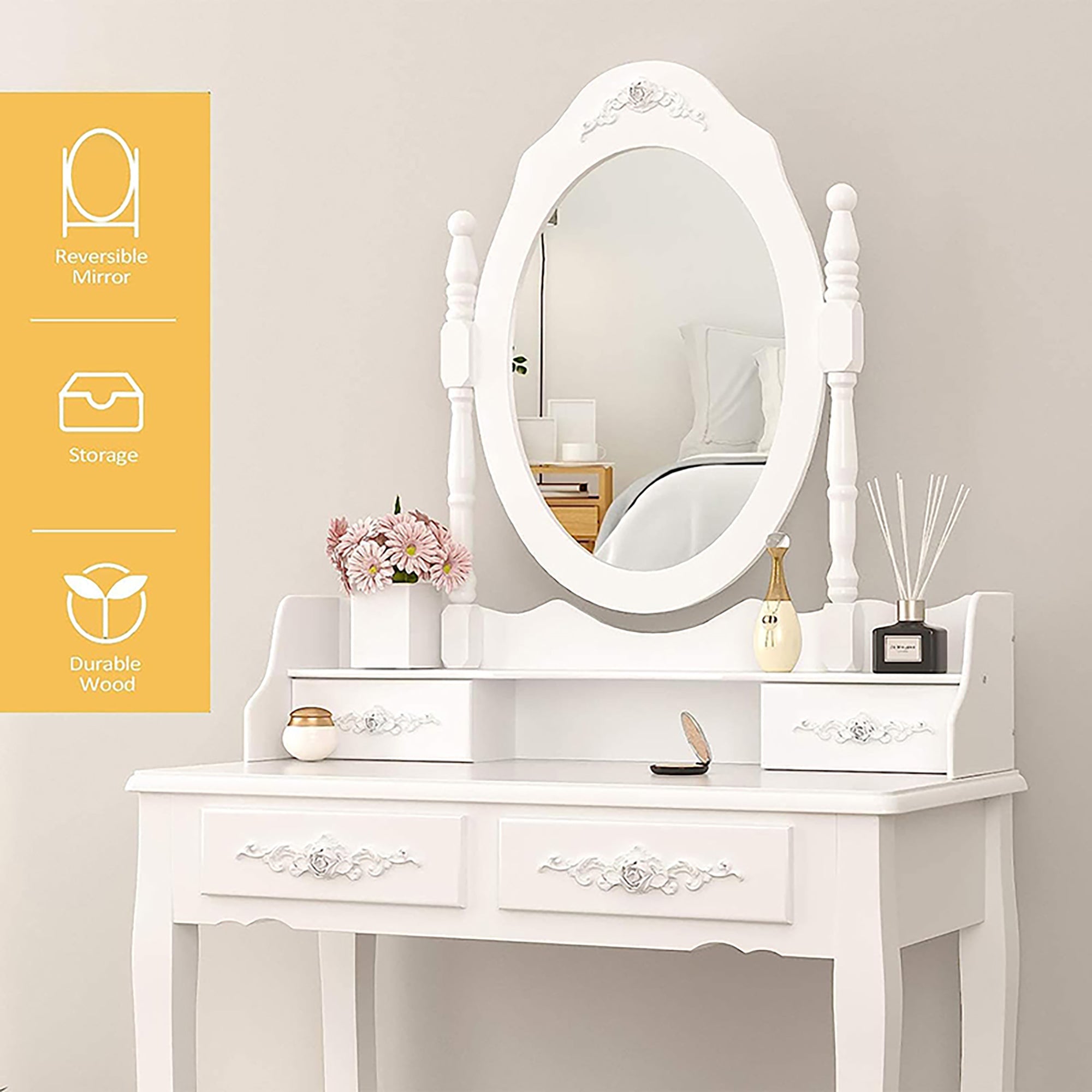 Vanity Table Set w/ 4 Drawers & Oval Mirror-American Furniture Outlet