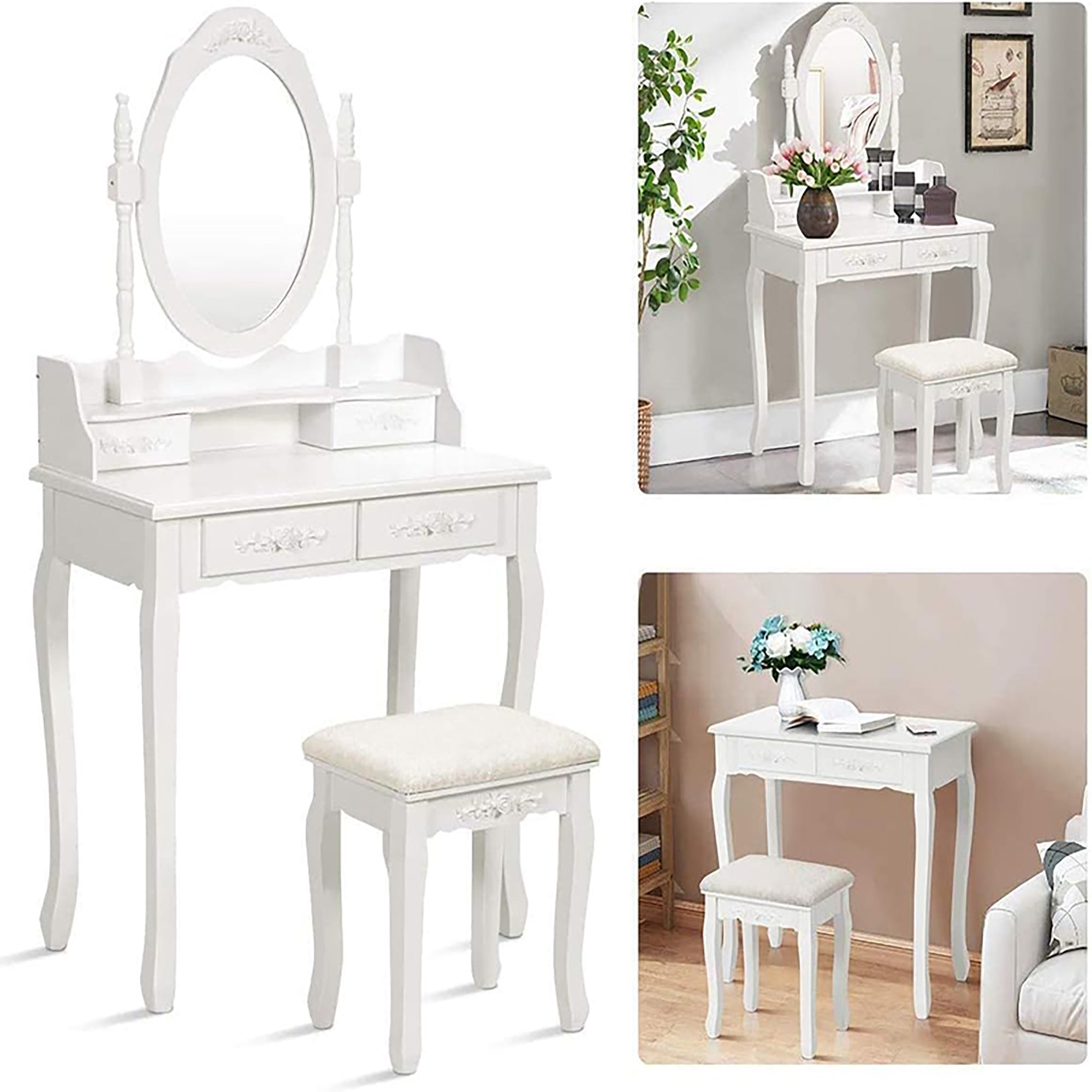 Vanity Table Set w/ 4 Drawers & Oval Mirror-American Furniture Outlet