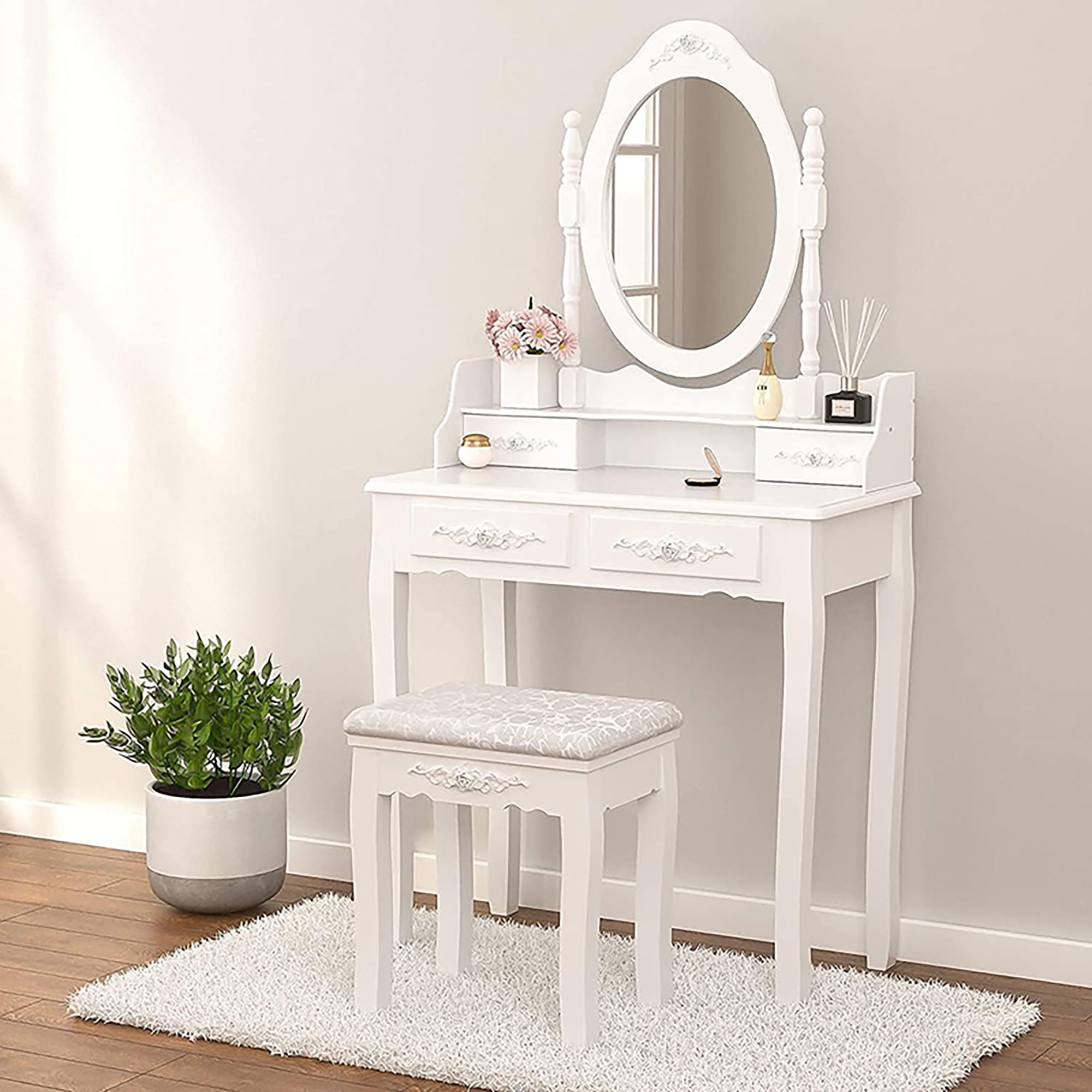 Vanity Table Set w/ 4 Drawers & Oval Mirror-American Furniture Outlet