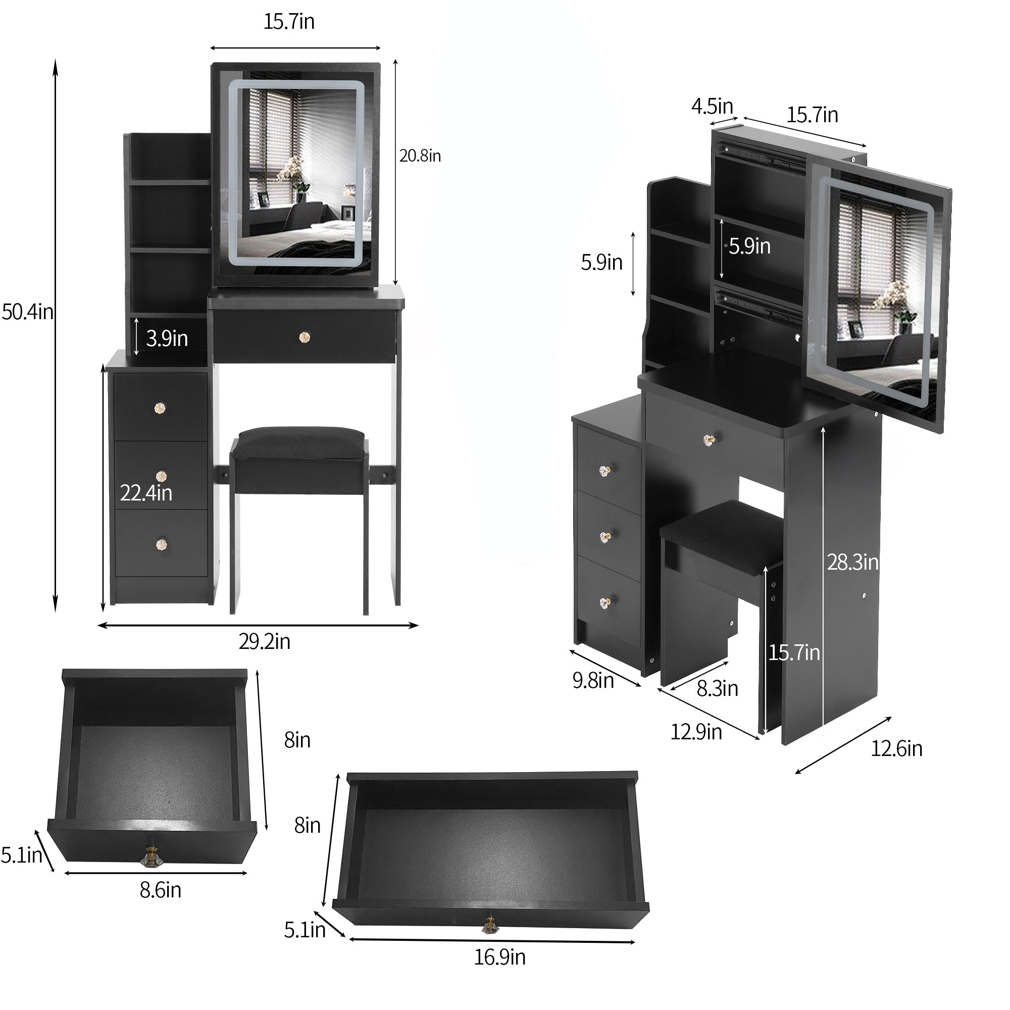 Vanity Table w/ Stool & LED Mirror - Small Spaces-American Furniture Outlet