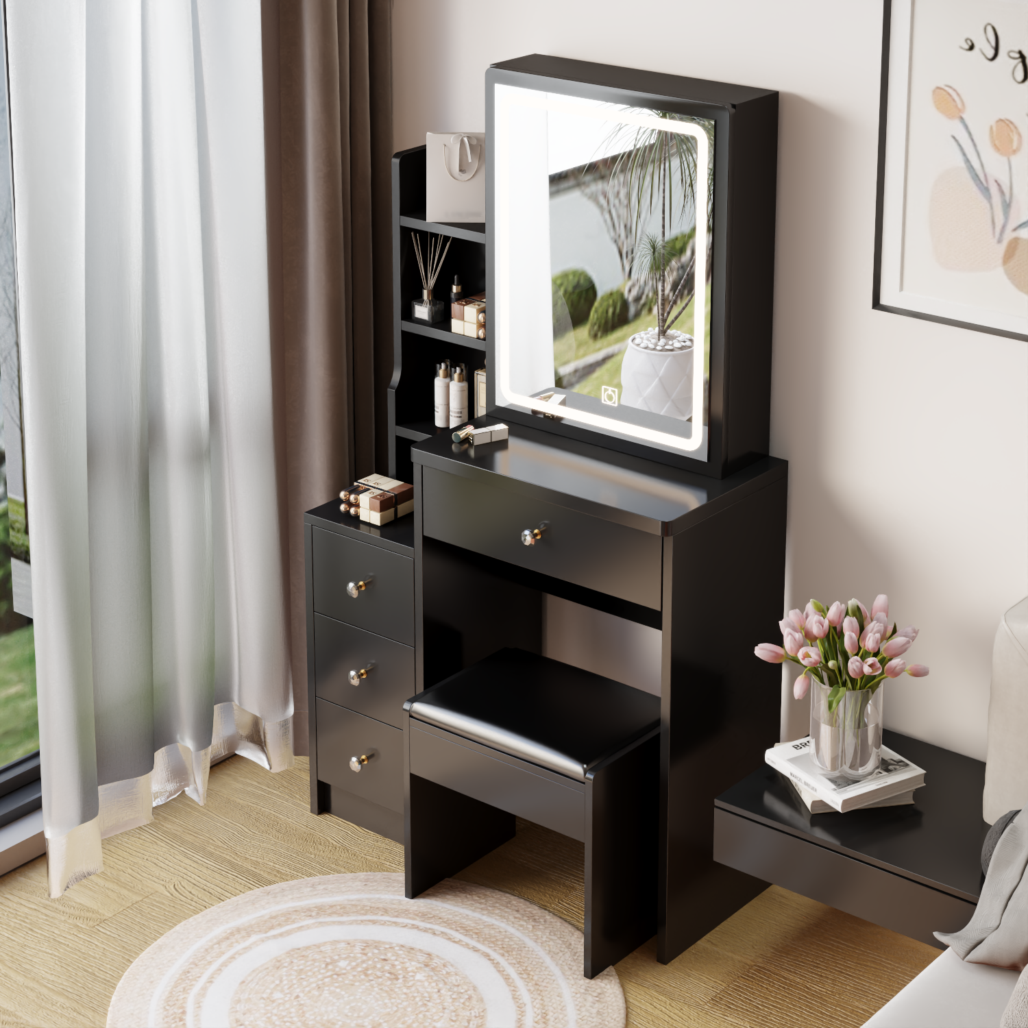 Vanity Table w/ Stool & LED Mirror - Small Spaces-American Furniture Outlet