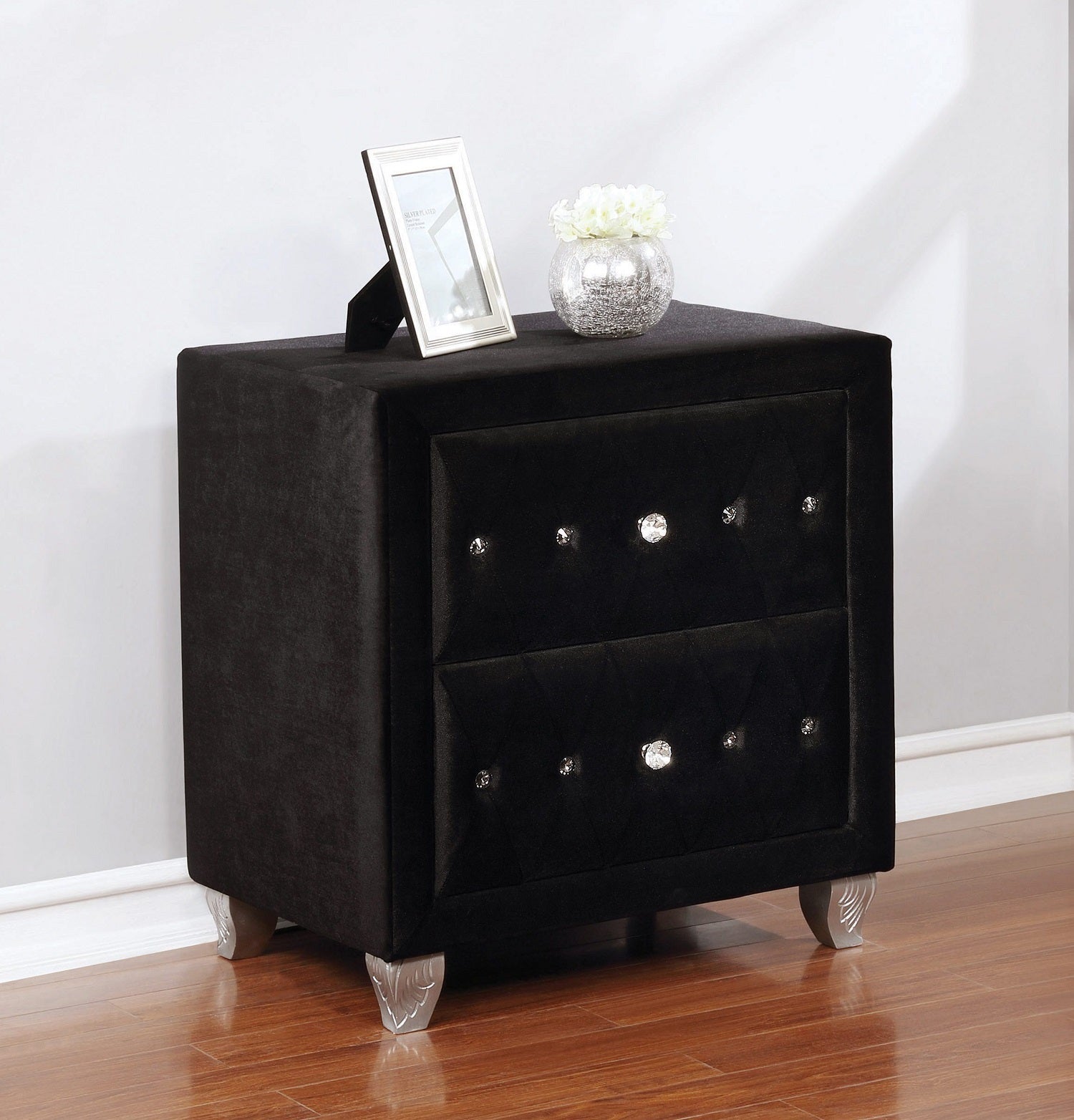 Velvet Nightstand, 2 Drawers, Black-American Furniture Outlet