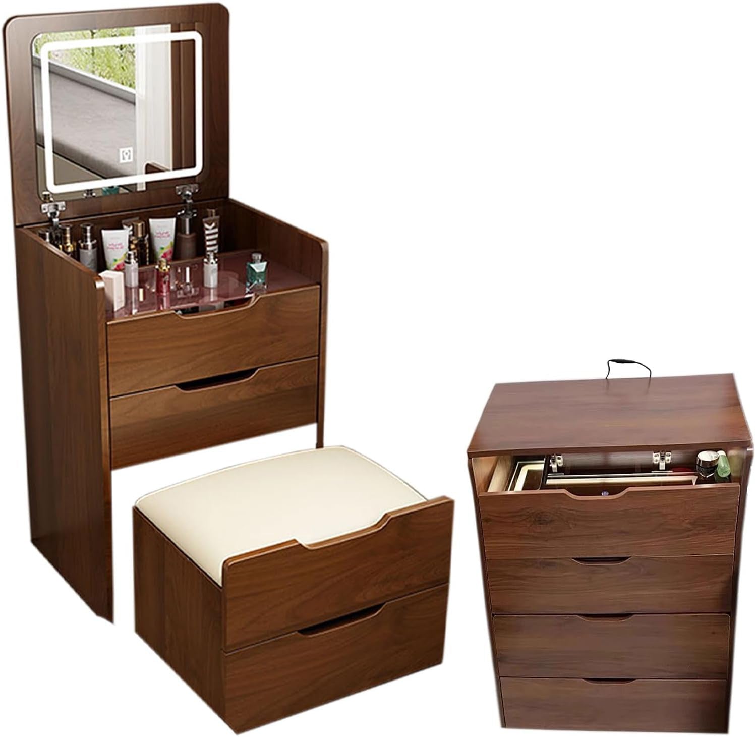 Walnut 3-in-1 Vanity Desk | Compact Makeup Table-American Furniture Outlet