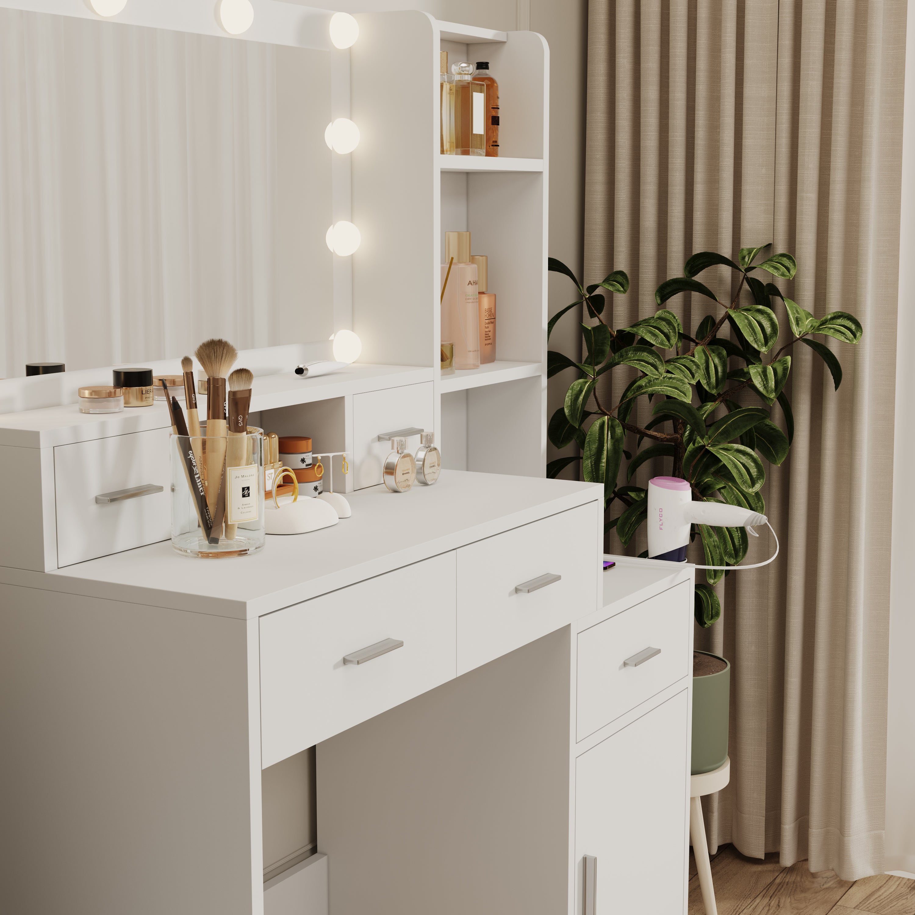 White LED Vanity Table w/ Mirror, Drawers & Stool-American Furniture Outlet