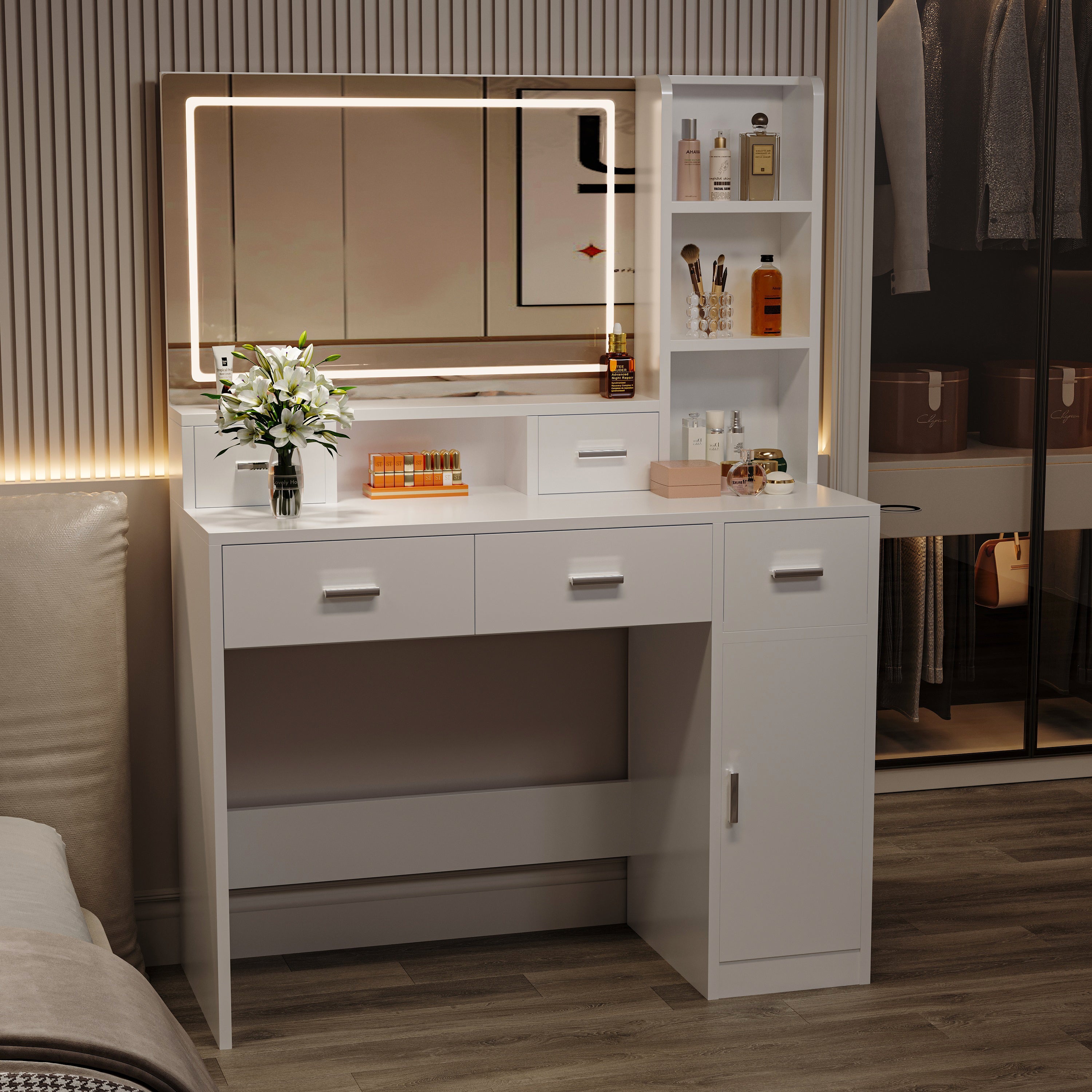 White LED Vanity Table w/ Mirror, Drawers & Stool-American Furniture Outlet