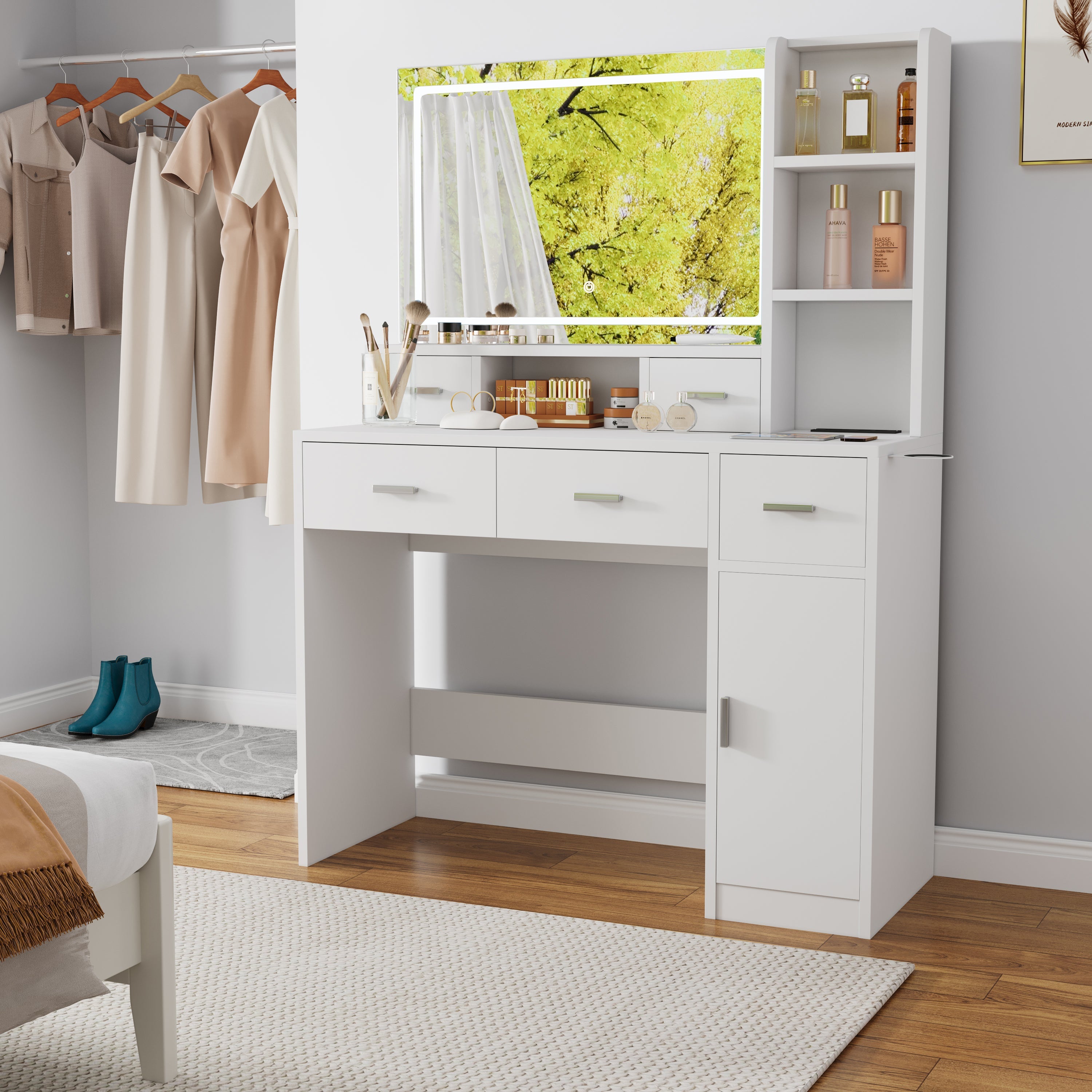 White LED Vanity Table w/ Mirror, Drawers & Stool-American Furniture Outlet