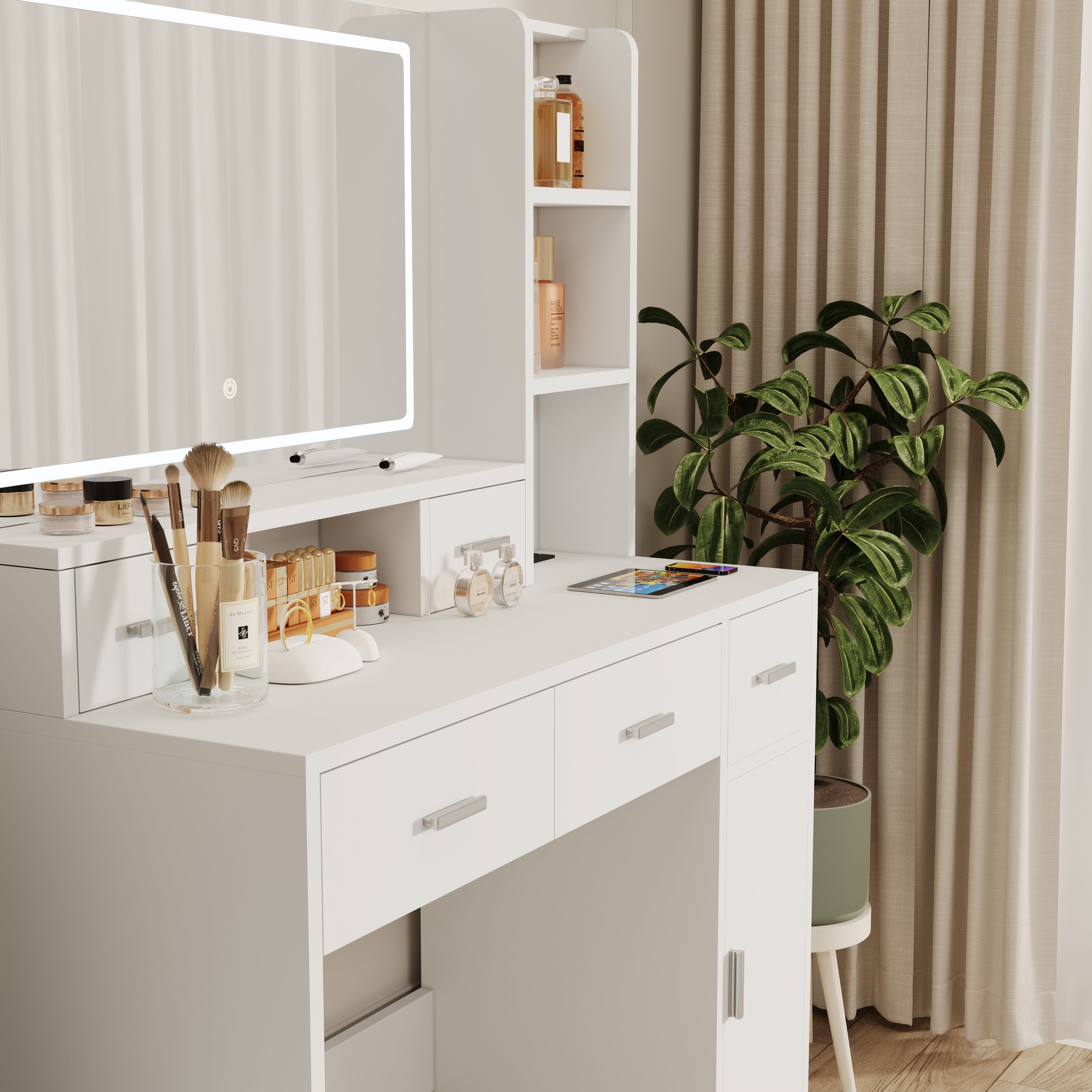 White LED Vanity Table w/ Mirror, Drawers & Stool-American Furniture Outlet