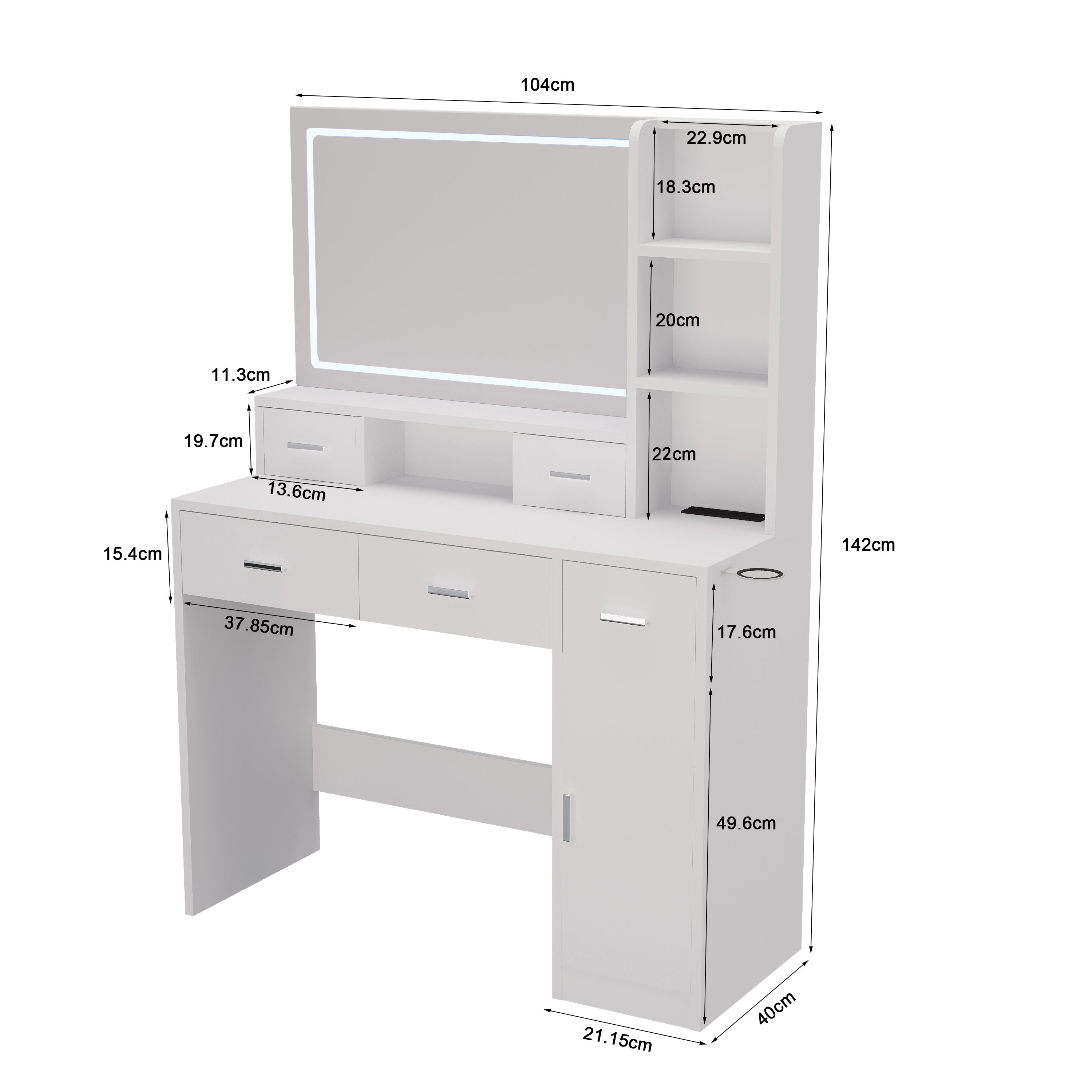 White LED Vanity Table w/ Mirror, Drawers & Stool-American Furniture Outlet