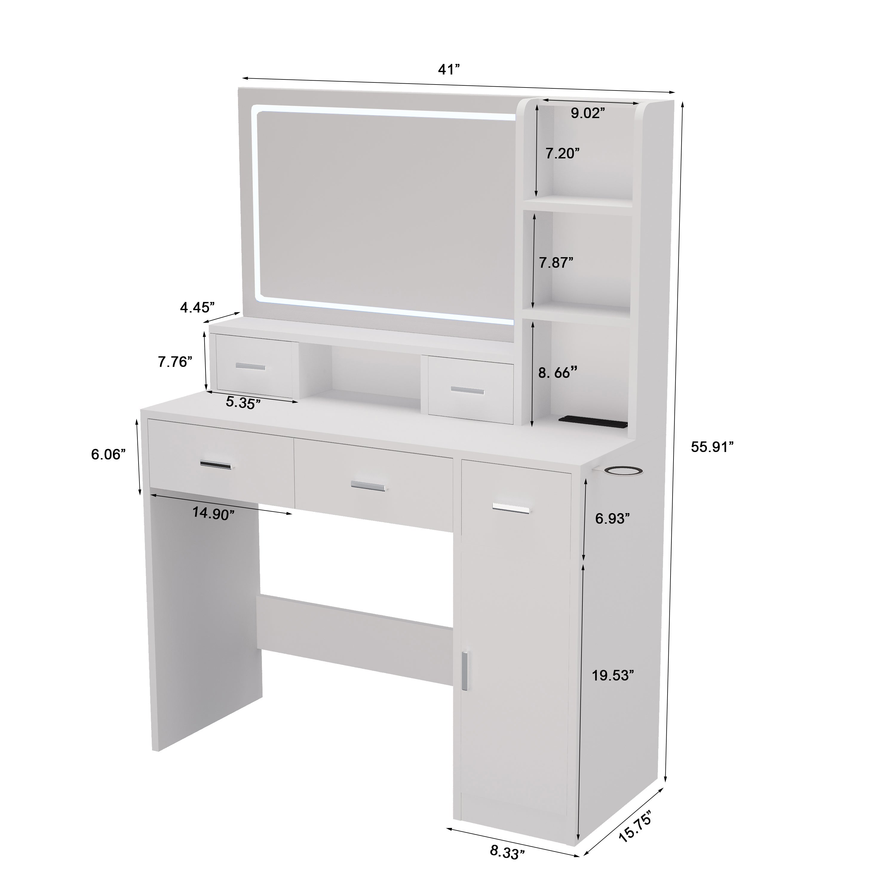 White LED Vanity Table w/ Mirror, Drawers & Stool-American Furniture Outlet