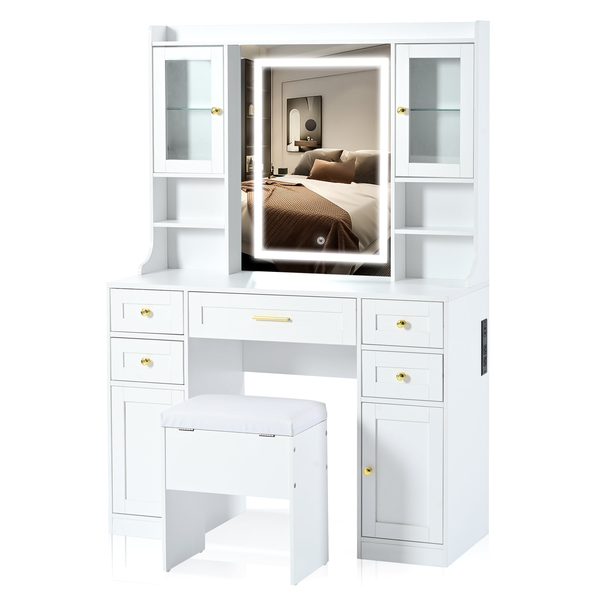 White Makeup Vanity Desk w/ Mirror & Lights - 41.4"-American Furniture Outlet