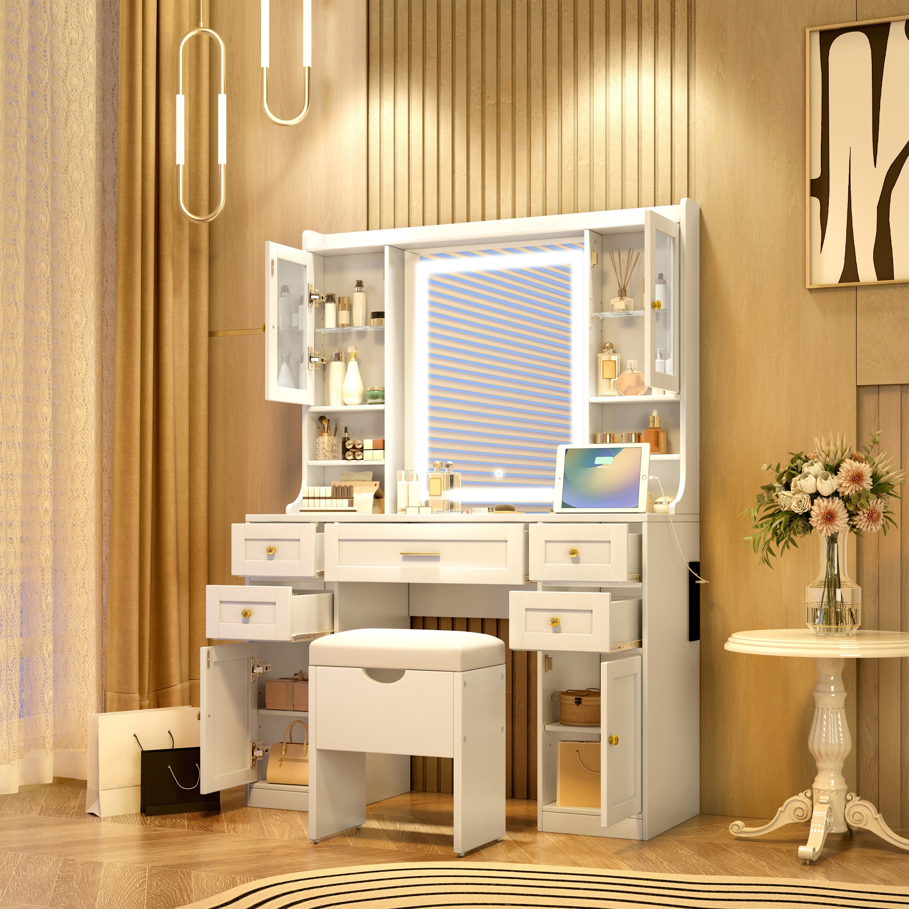 White Makeup Vanity Desk w/ Mirror & Lights - 41.4"-American Furniture Outlet