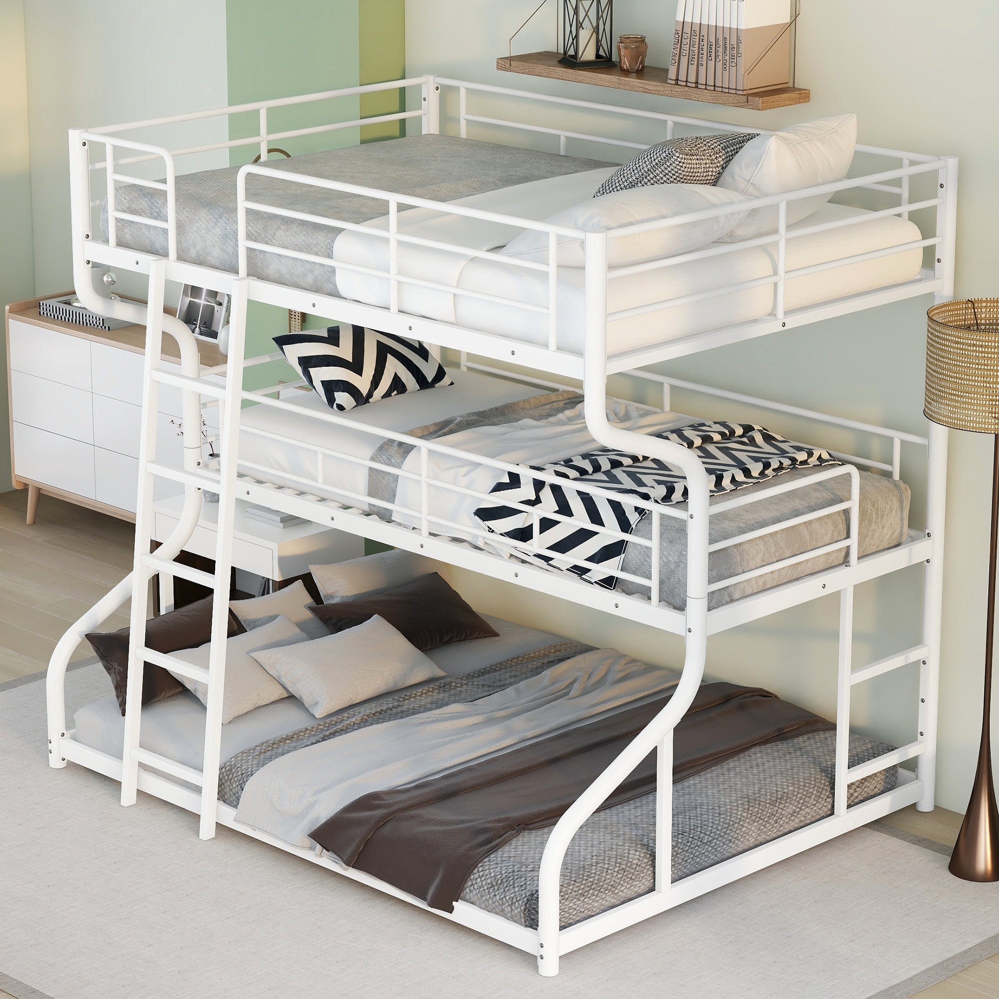 White Triple Bunk Bed: Full XL Top, Twin XL Over Queen Bottom, Long & Short Ladders-American Furniture Outlet