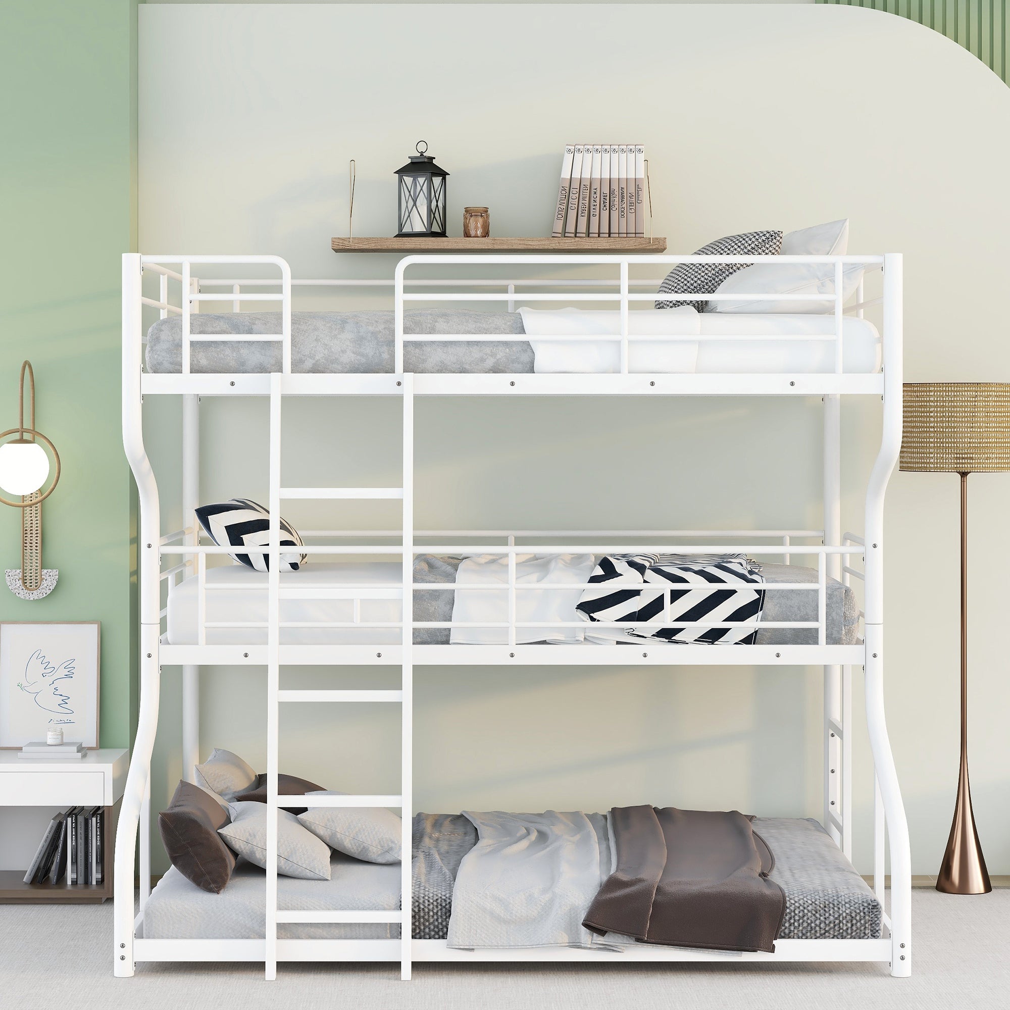 White Triple Bunk Bed: Full XL Top, Twin XL Over Queen Bottom, Long & Short Ladders-American Furniture Outlet