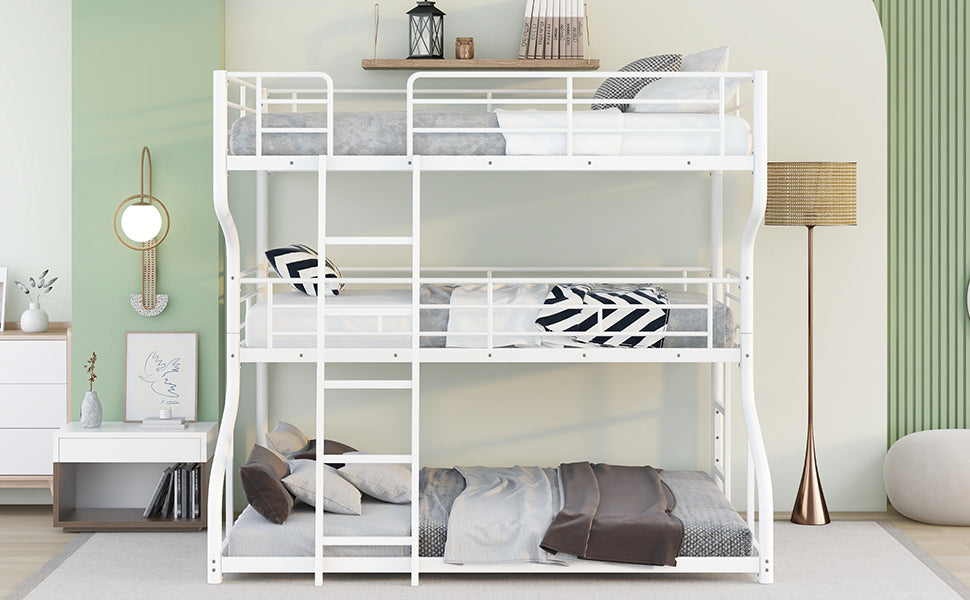 White Triple Bunk Bed: Full XL Top, Twin XL Over Queen Bottom, Long & Short Ladders-American Furniture Outlet