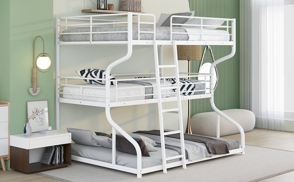 White Triple Bunk Bed: Full XL Top, Twin XL Over Queen Bottom, Long & Short Ladders-American Furniture Outlet