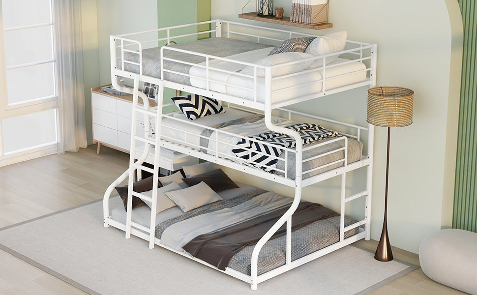 White Triple Bunk Bed: Full XL Top, Twin XL Over Queen Bottom, Long & Short Ladders-American Furniture Outlet