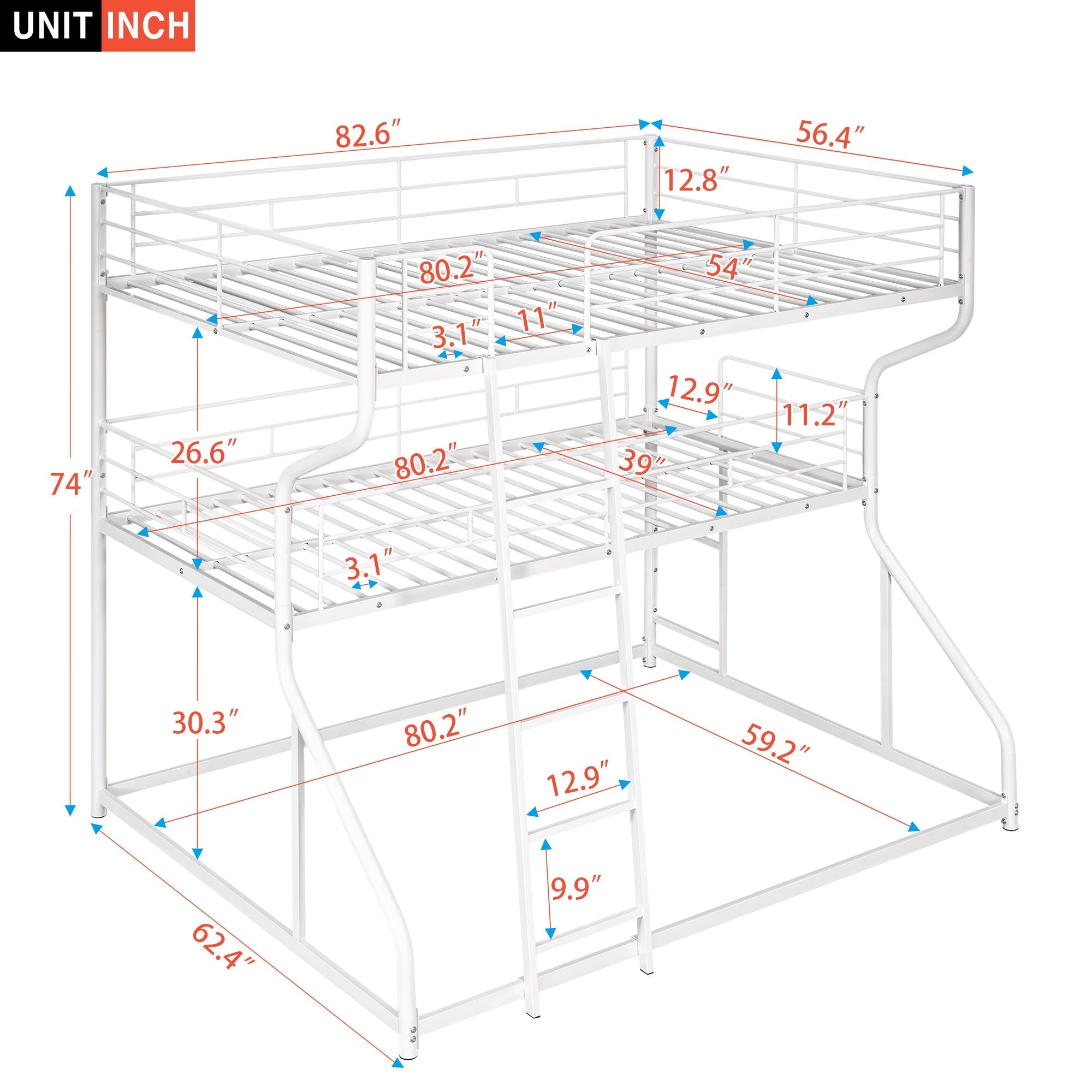 White Triple Bunk Bed: Full XL Top, Twin XL Over Queen Bottom, Long & Short Ladders-American Furniture Outlet