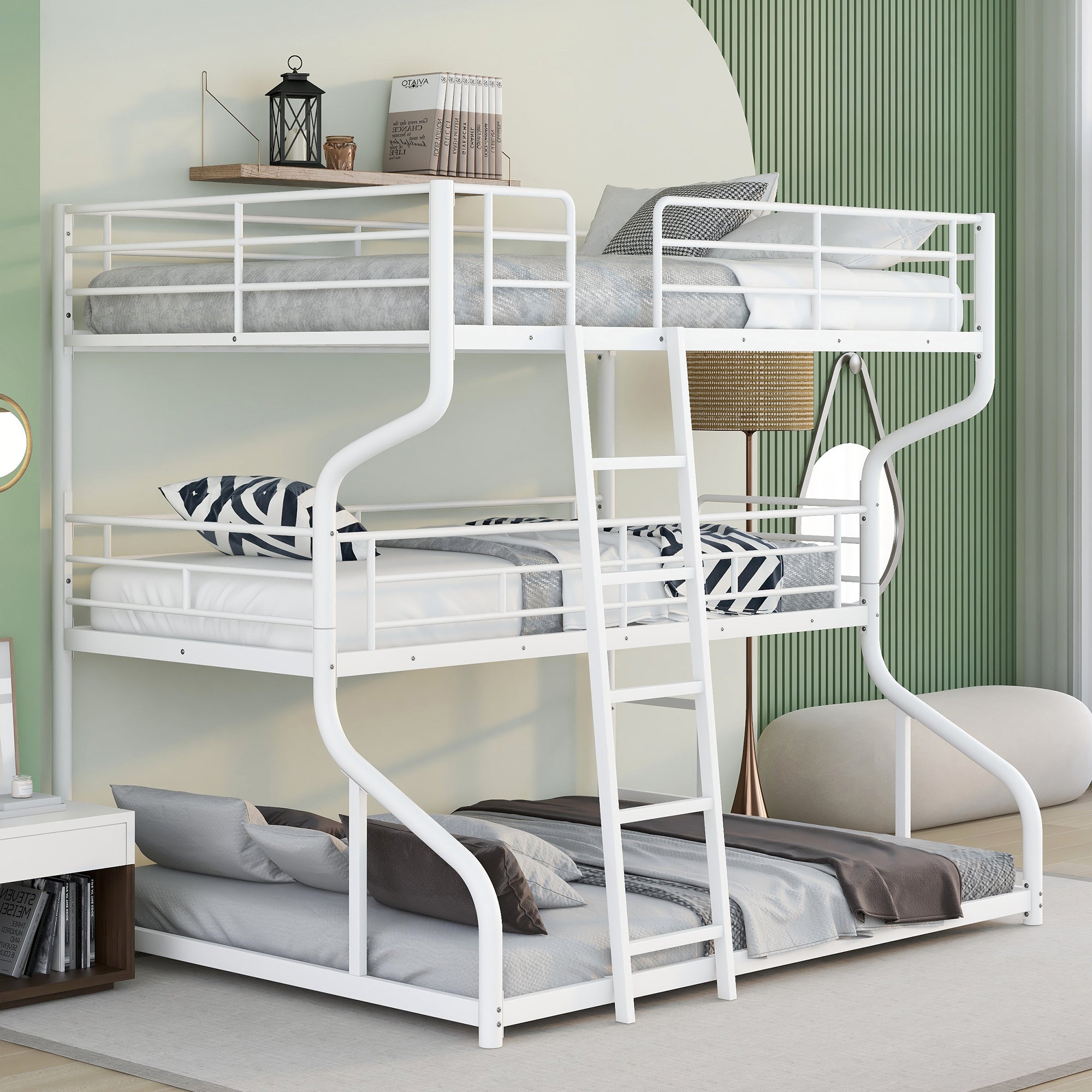 White Triple Bunk Bed: Full XL Top, Twin XL Over Queen Bottom, Long & Short Ladders-American Furniture Outlet