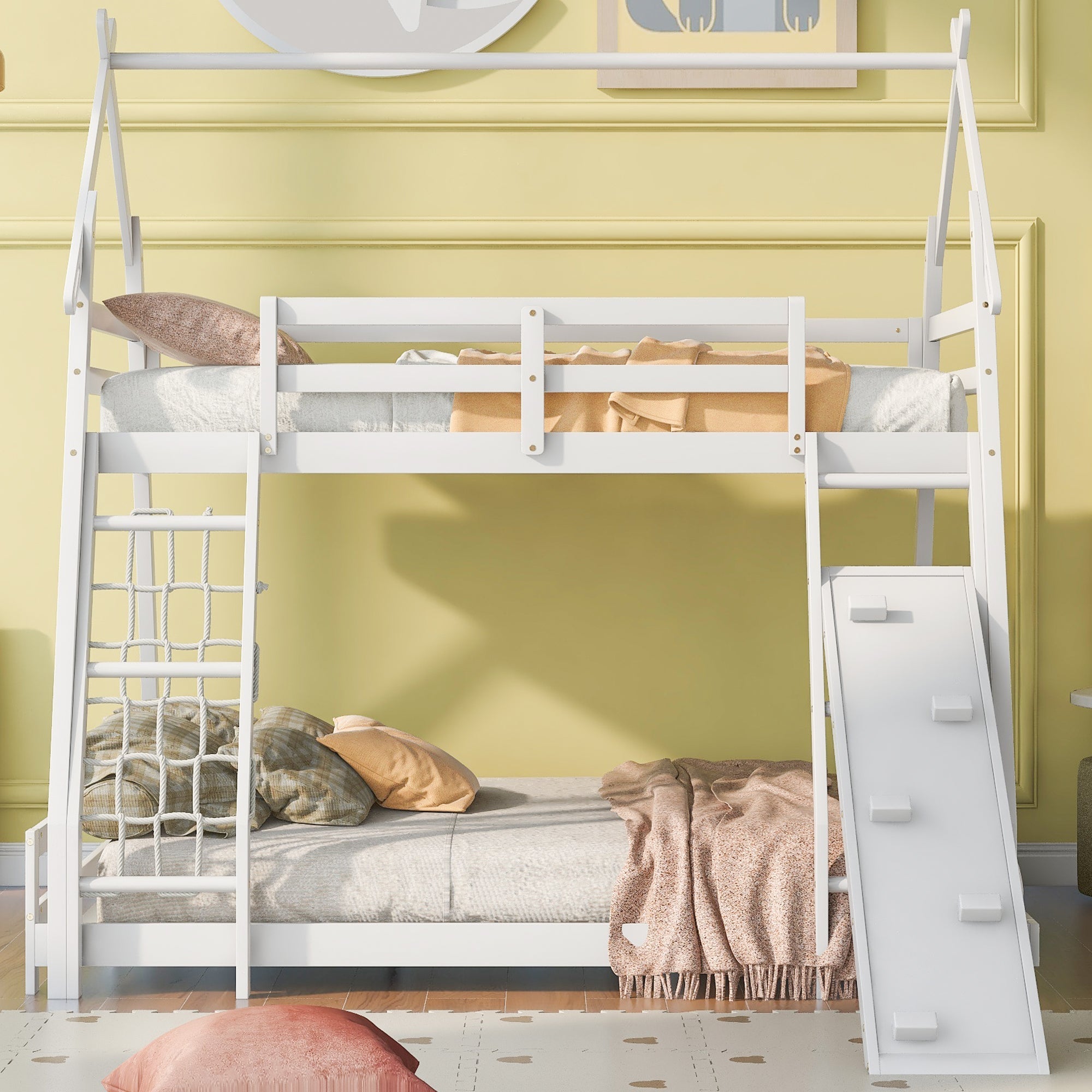 White Twin Over Queen House Bunk Bed Climbing Nets & Ramp-American Furniture Outlet