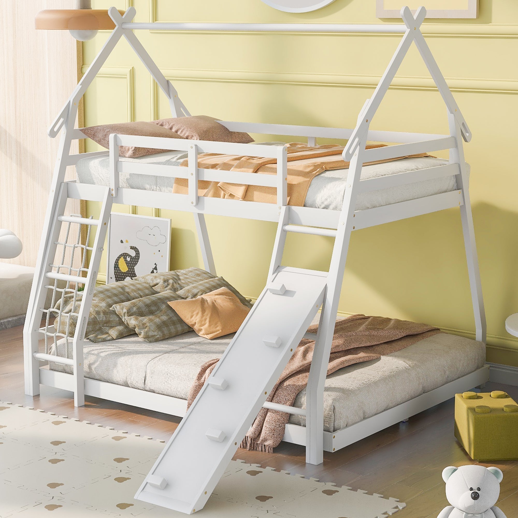 White Twin Over Queen House Bunk Bed Climbing Nets & Ramp-American Furniture Outlet