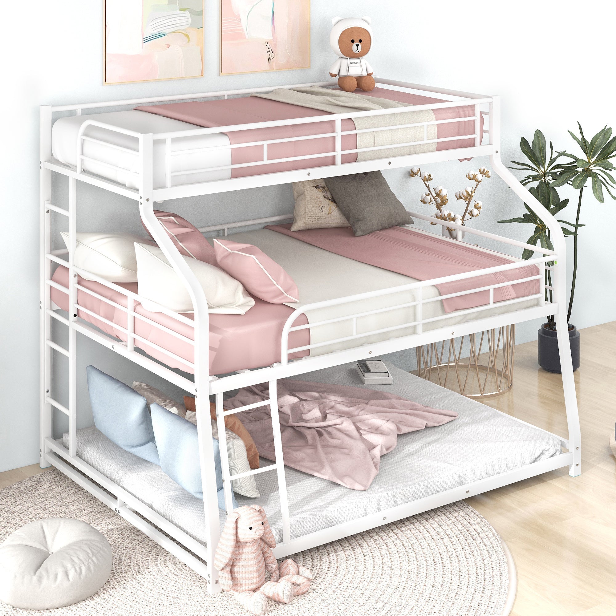 White Twin XL/Full XL Over Queen Triple Bunk Bed with Ladders & Full Guardrails-American Furniture Outlet