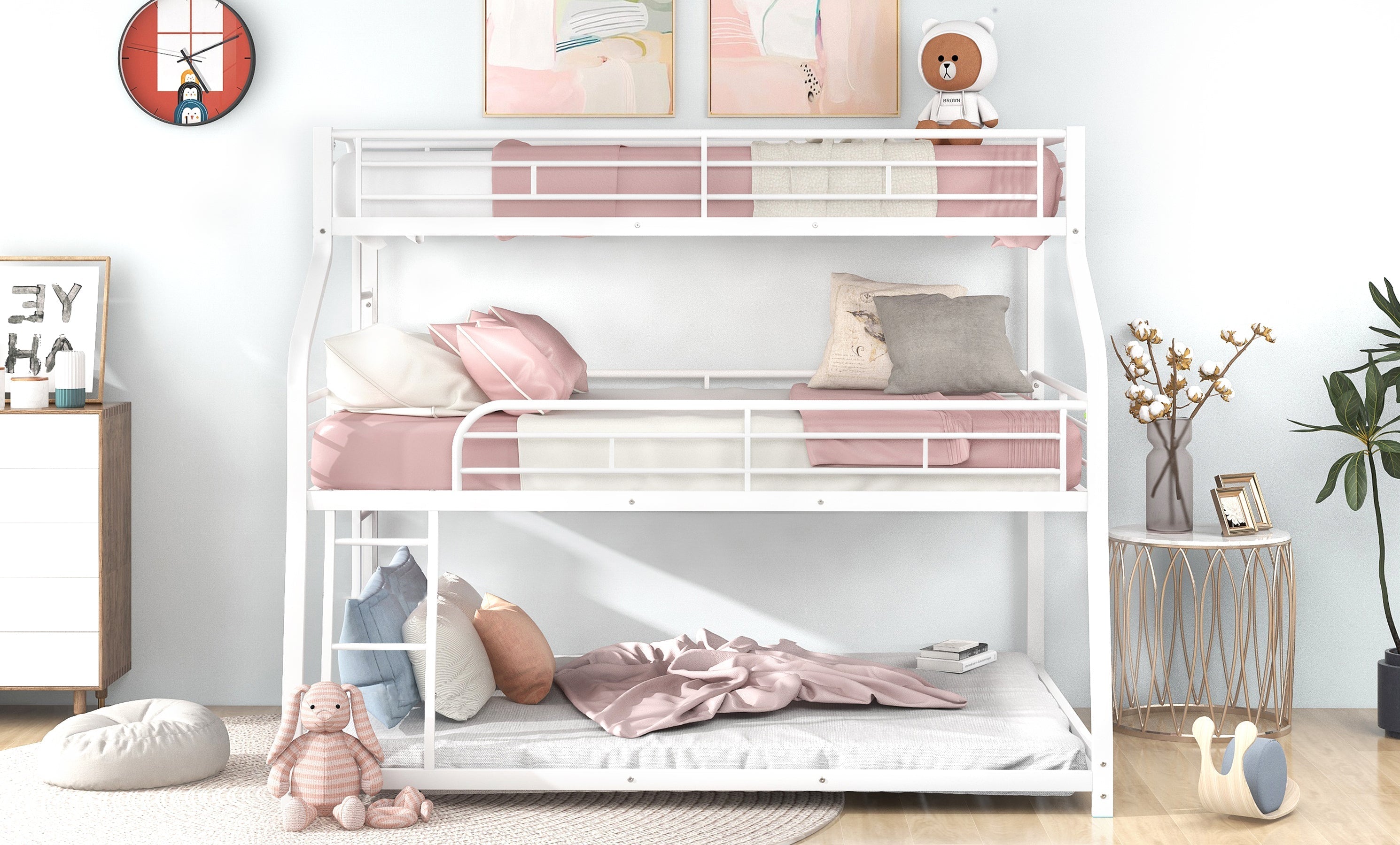 White Twin XL/Full XL Over Queen Triple Bunk Bed with Ladders & Full Guardrails-American Furniture Outlet