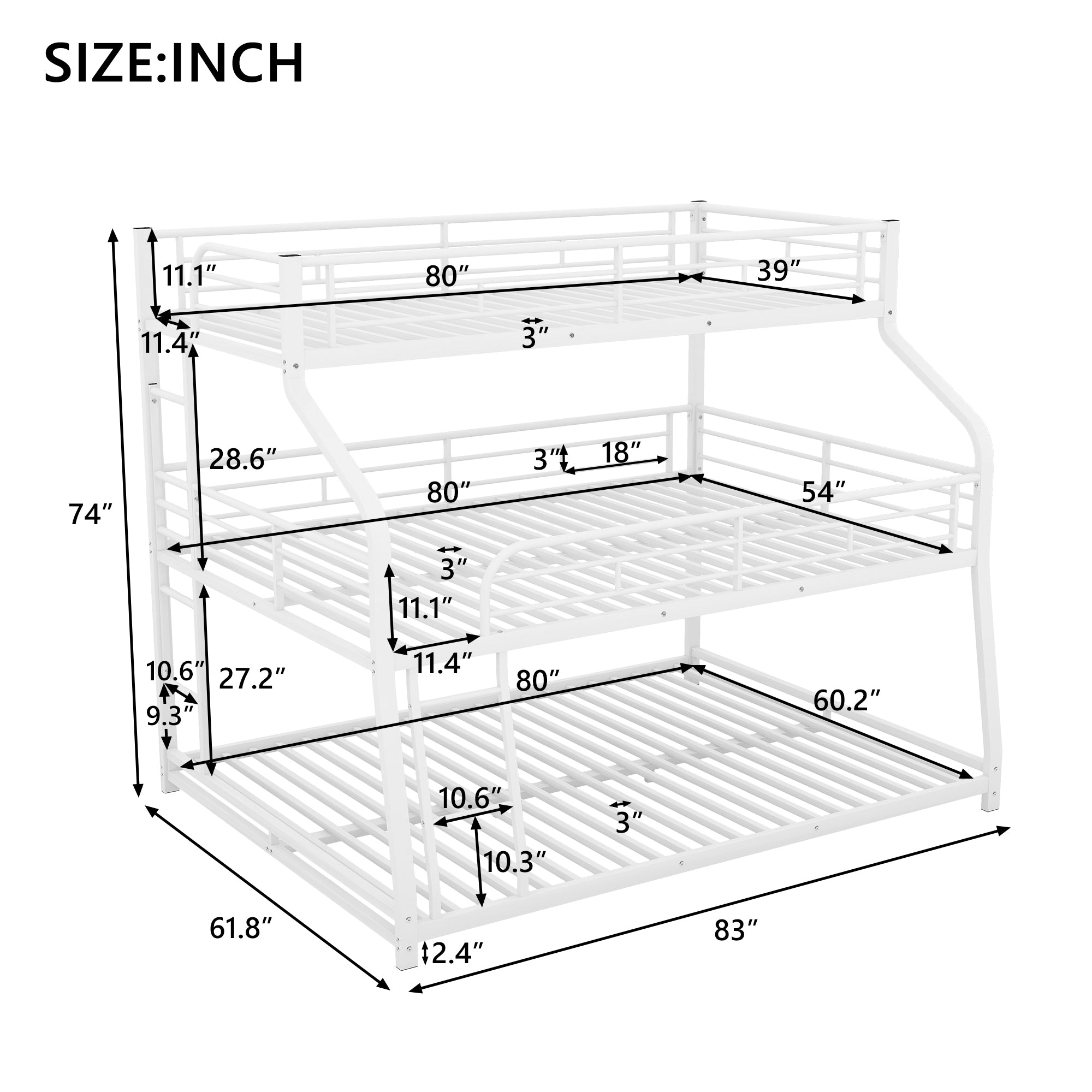 White Twin XL/Full XL Over Queen Triple Bunk Bed with Ladders & Full Guardrails-American Furniture Outlet