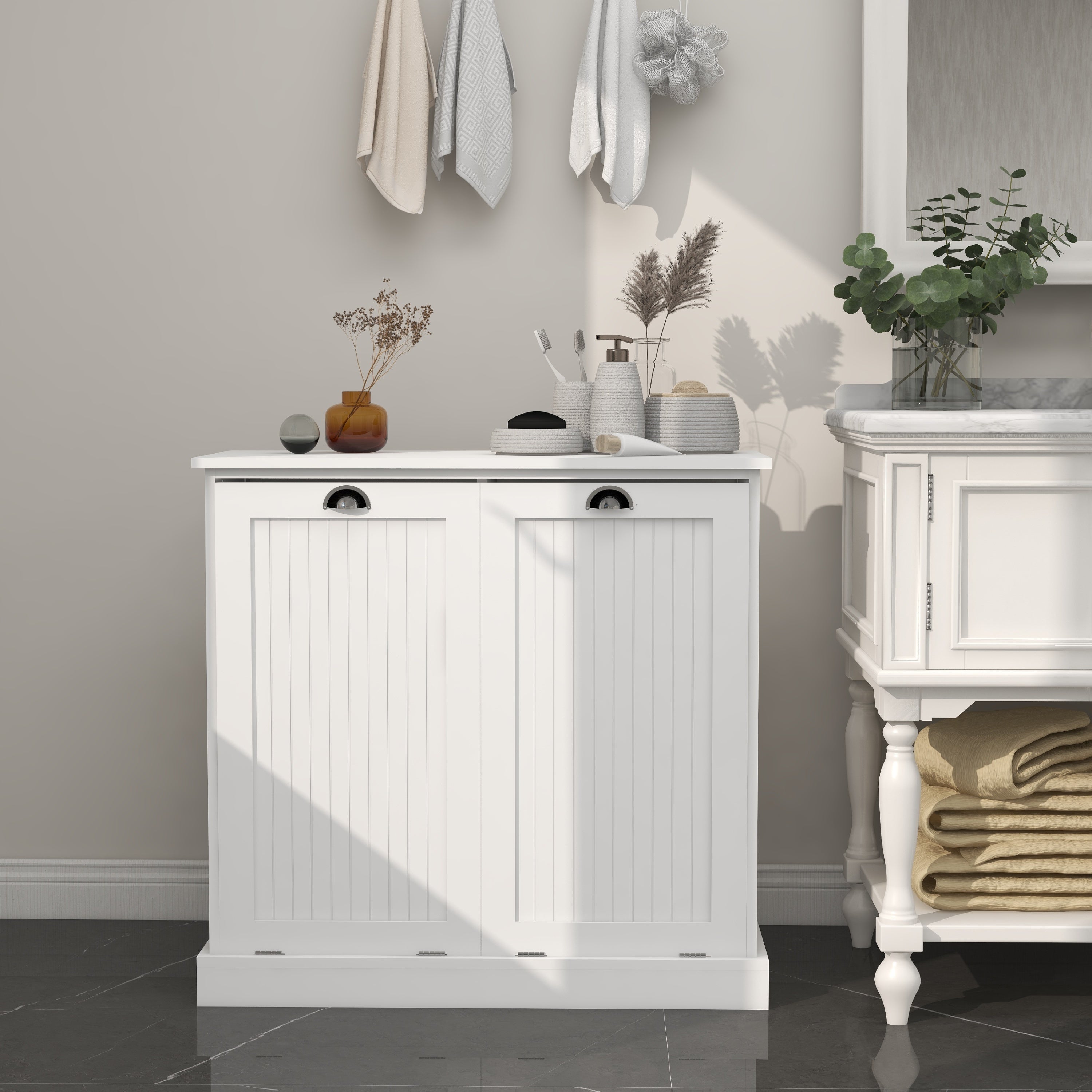 White Two-Compartment Tilt-Out Laundry Sorter Cabinet-American Furniture Outlet