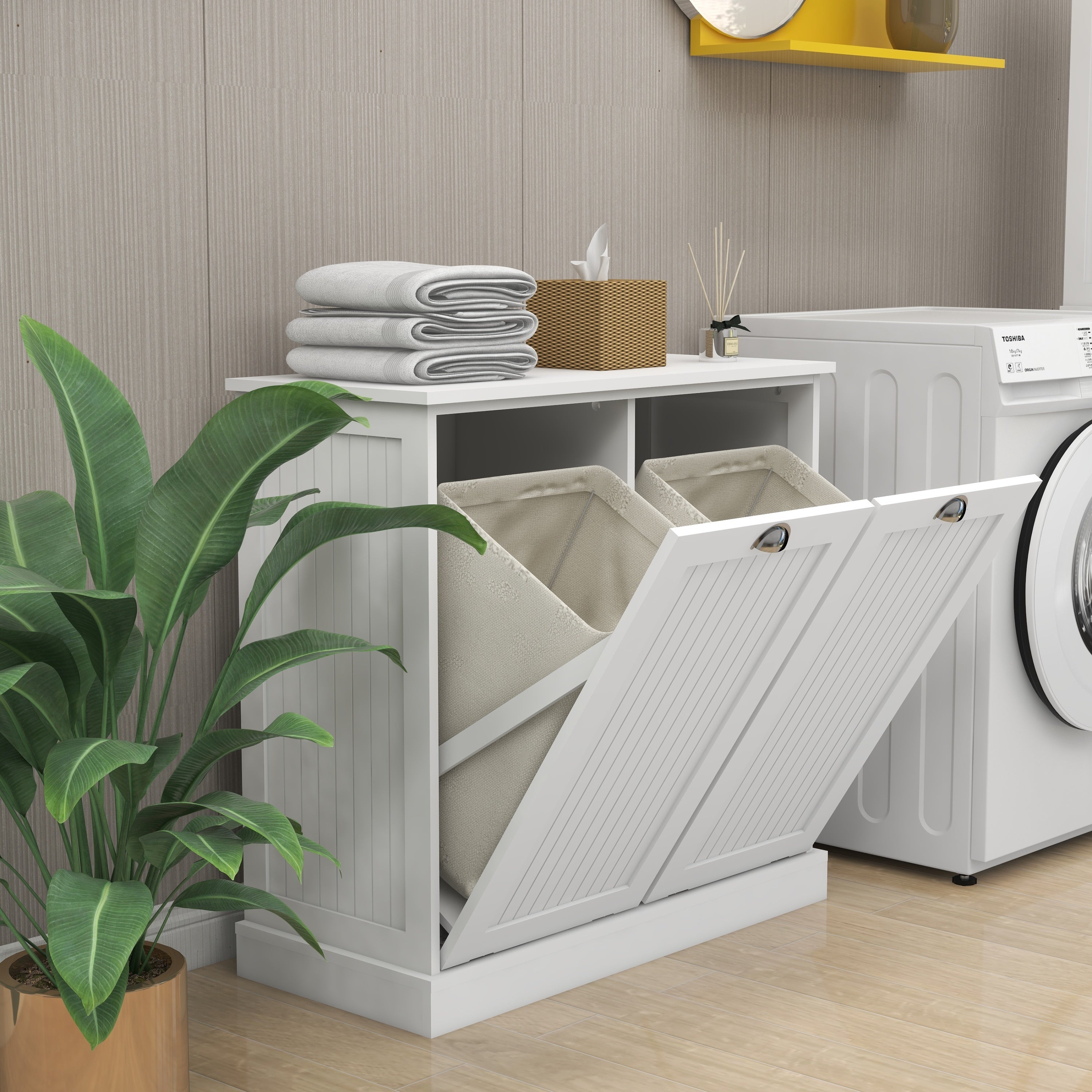 White Two-Compartment Tilt-Out Laundry Sorter Cabinet-American Furniture Outlet