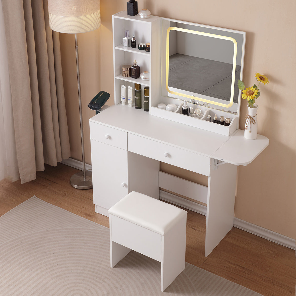 White Vanity Desk w/ Lighted Mirror & Drawers-American Furniture Outlet