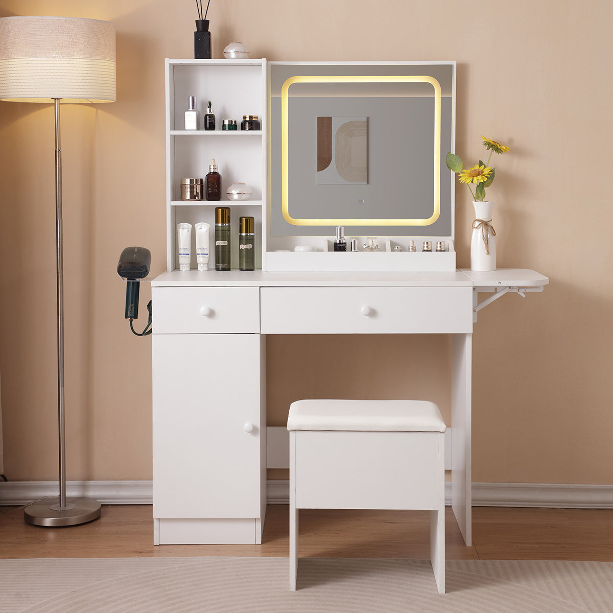 White Vanity Desk w/ Lighted Mirror & Drawers-American Furniture Outlet